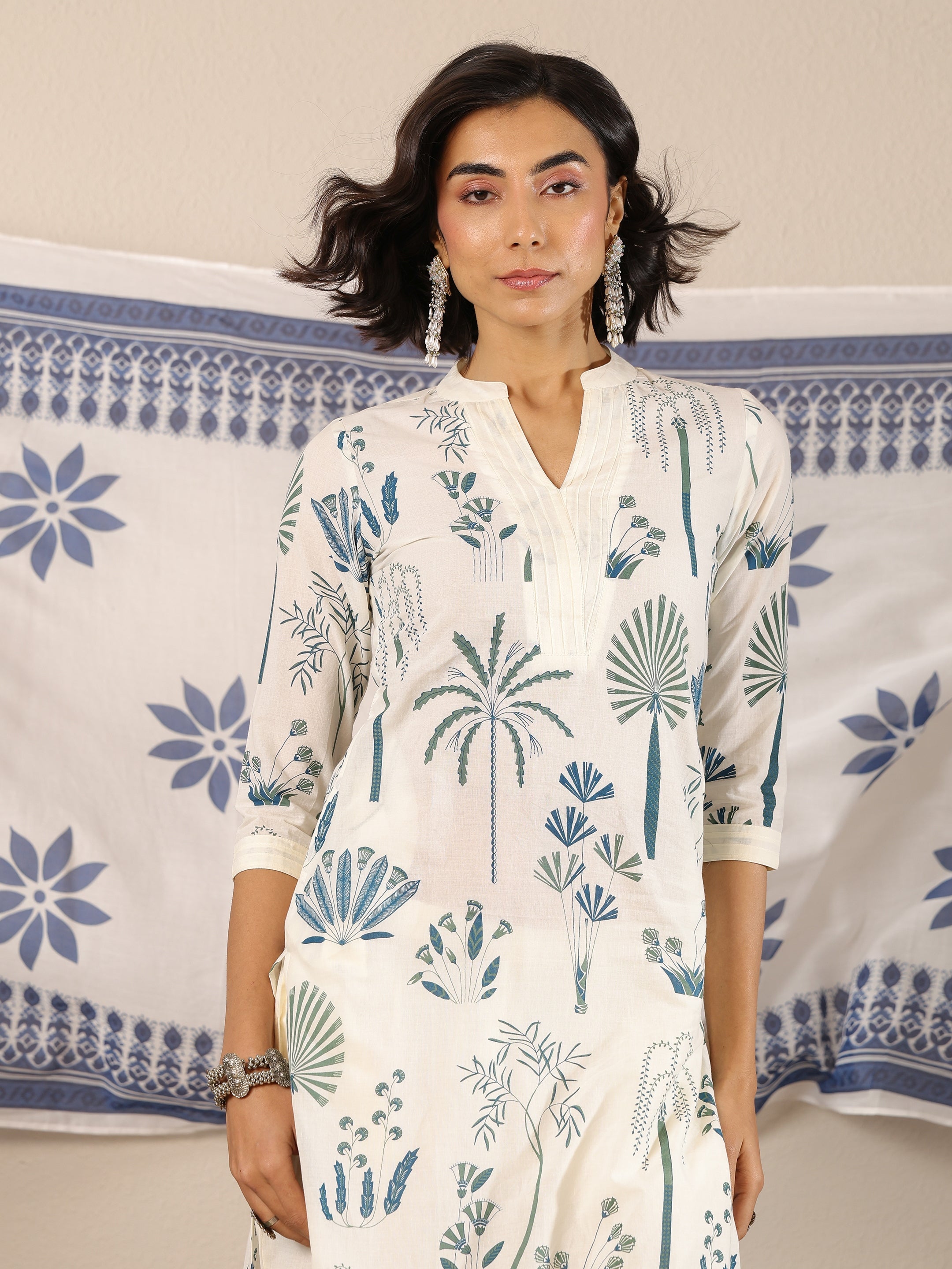 Off White Printed Cotton Straight Kurta Set