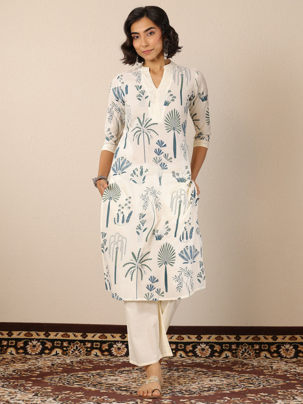 Off White Printed Cotton Straight Kurta Set