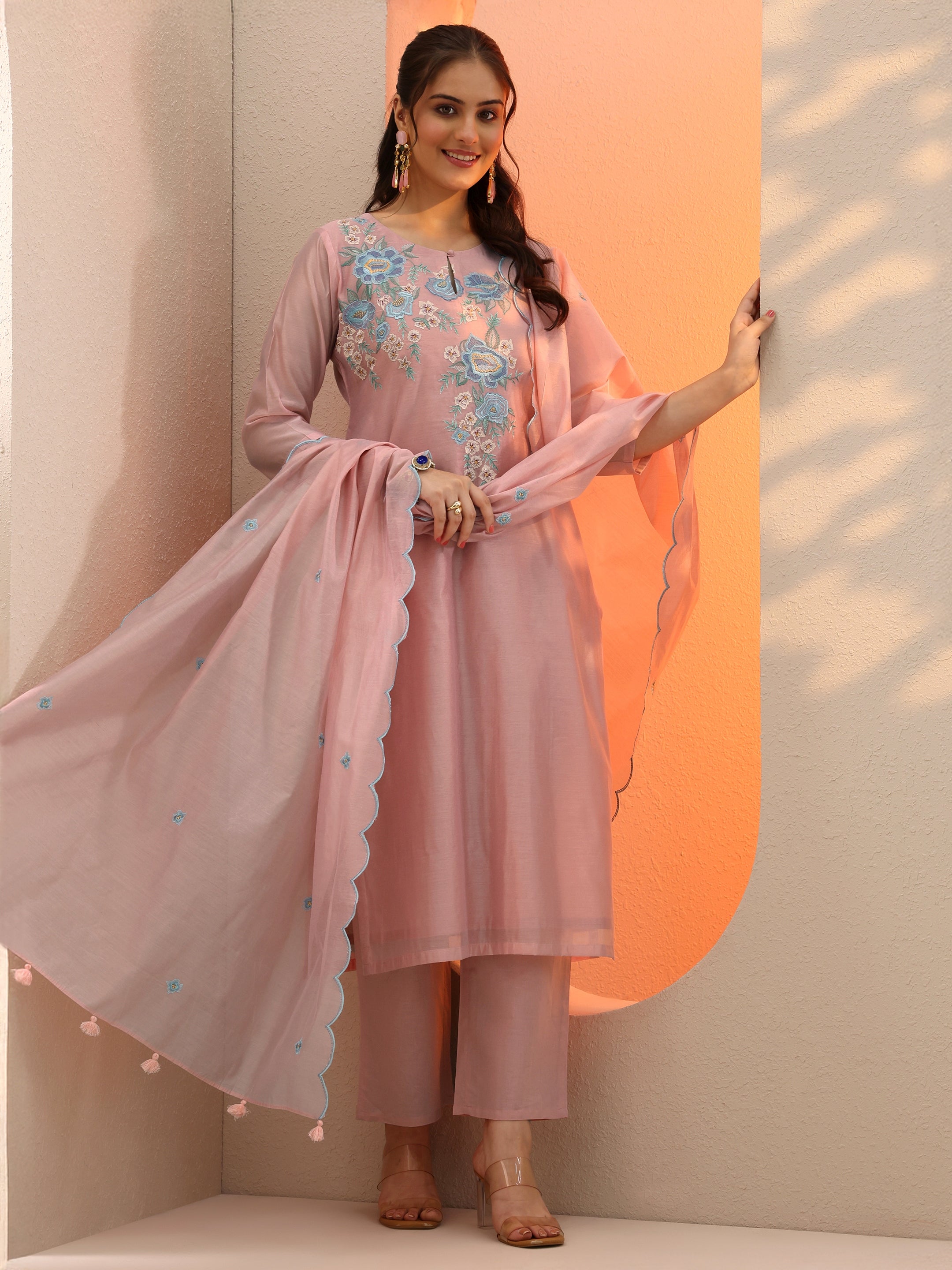 Pink Embroidered Silk Blend Straight Suit Set With Dupatta
