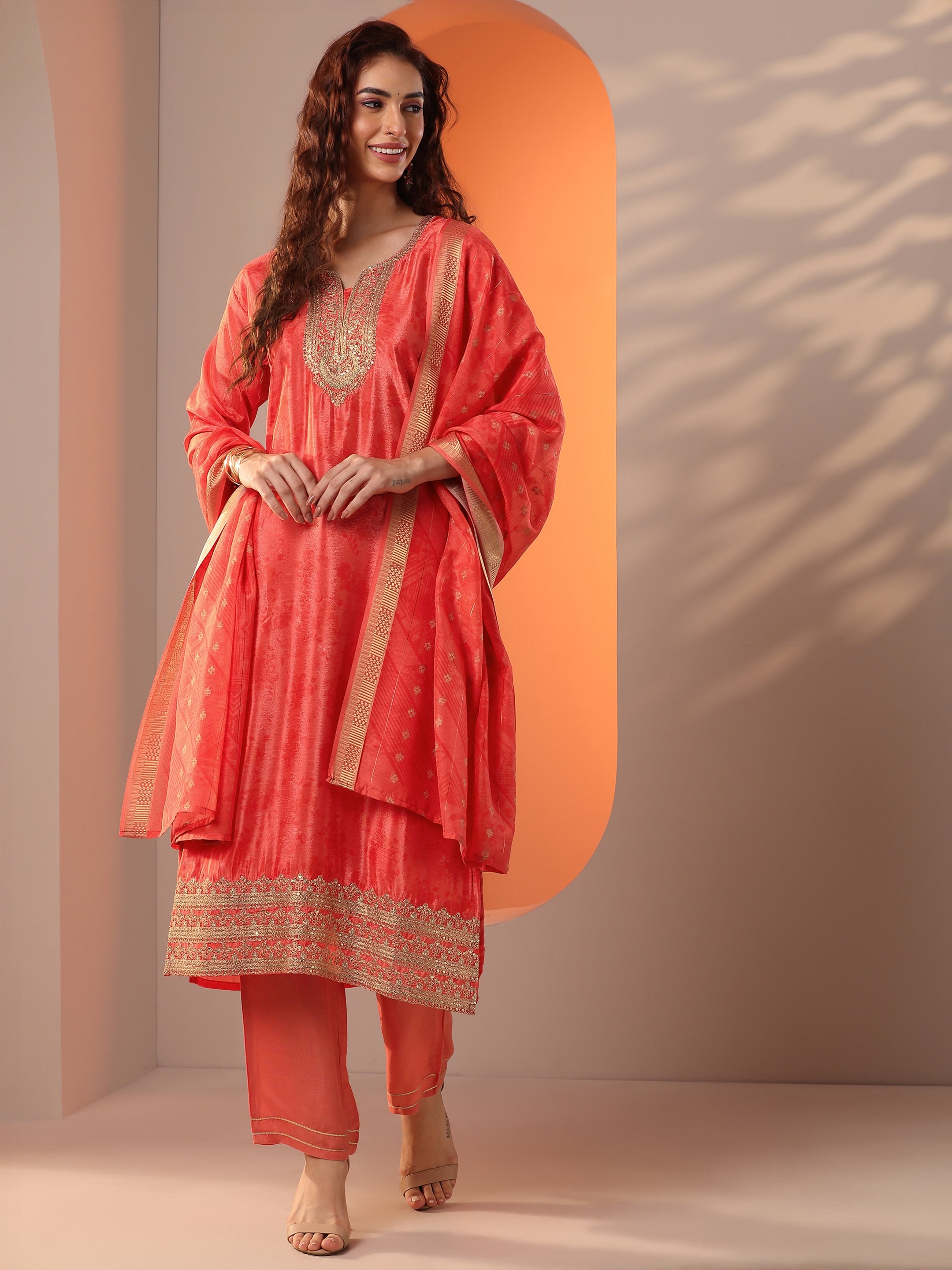 Orange Embellished Chinon Straight Suit Set With Dupatta