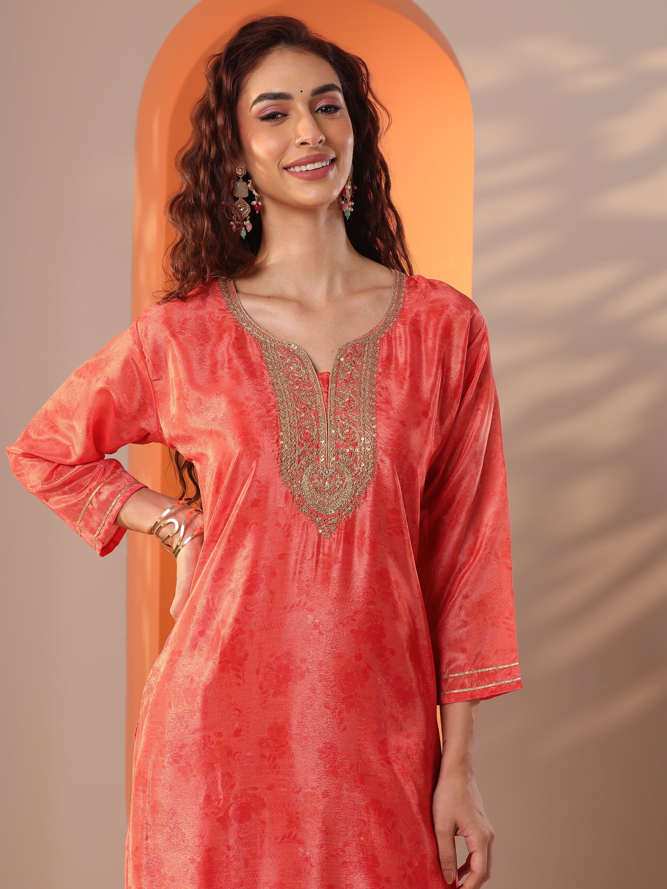 Orange Embellished Chinon Straight Suit Set With Dupatta
