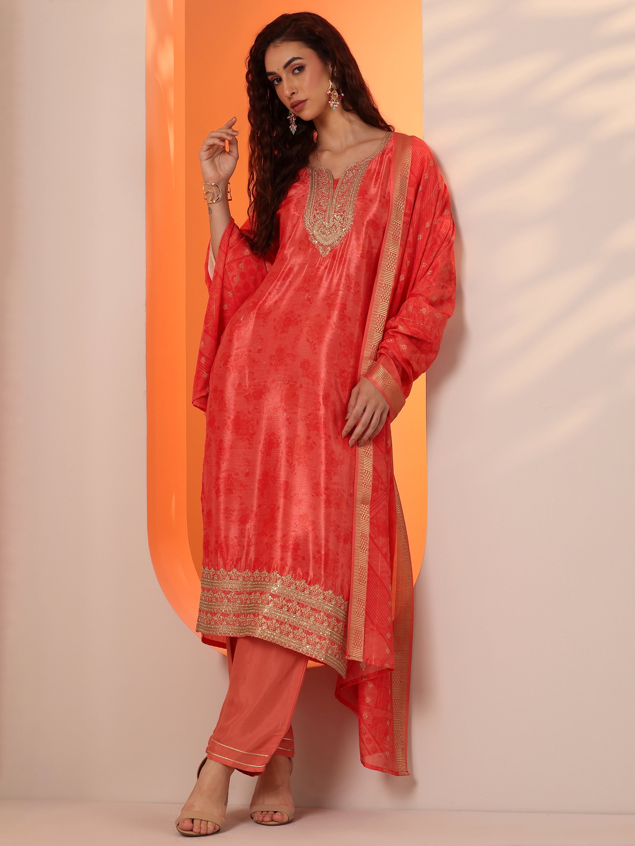 Orange Embellished Chinon Straight Suit Set With Dupatta