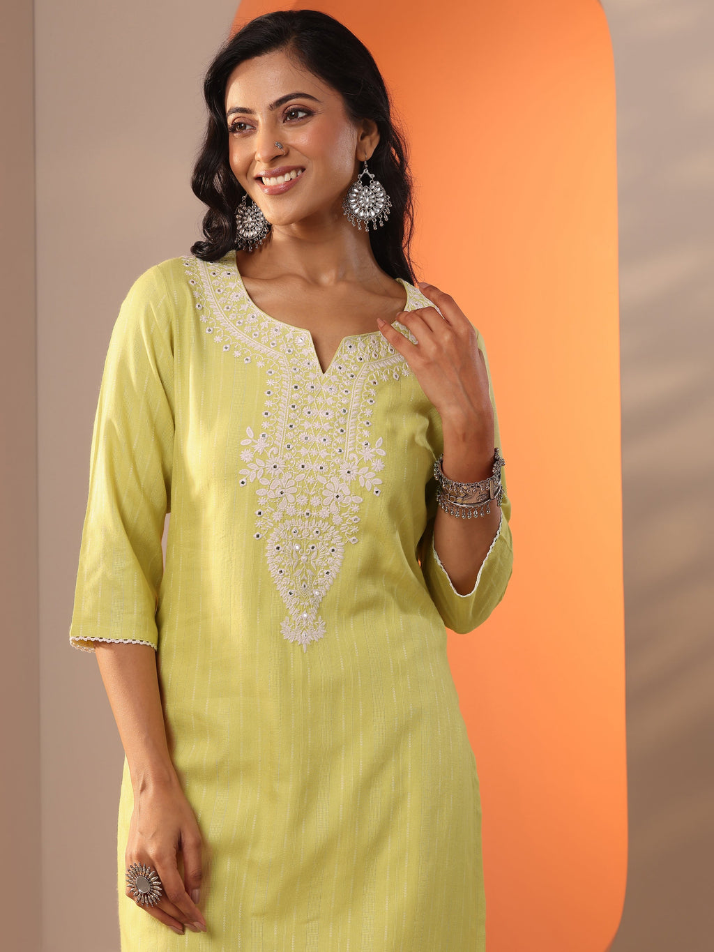 Green Embroidered Cotton Straight Suit Set With Dupatta
