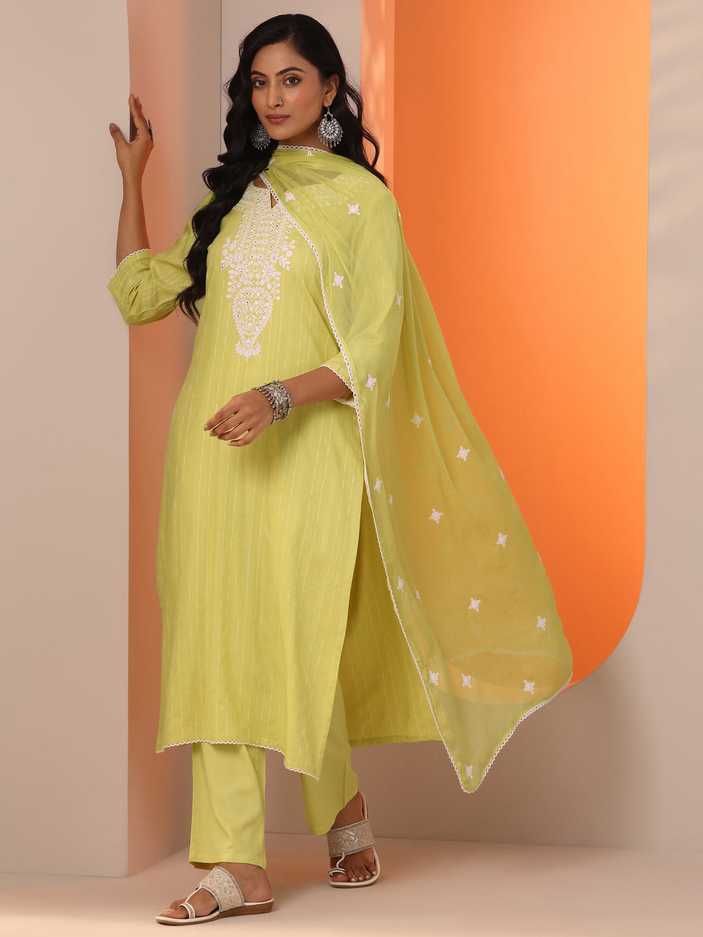 Green Embroidered Cotton Straight Suit Set With Dupatta