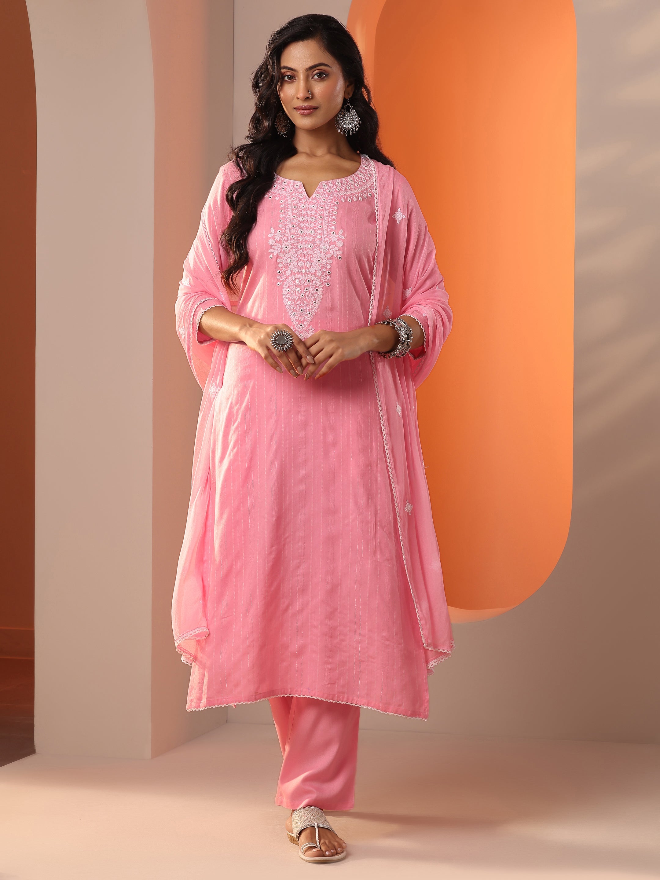 Peach Embroidered Cotton Straight Suit Set With Dupatta