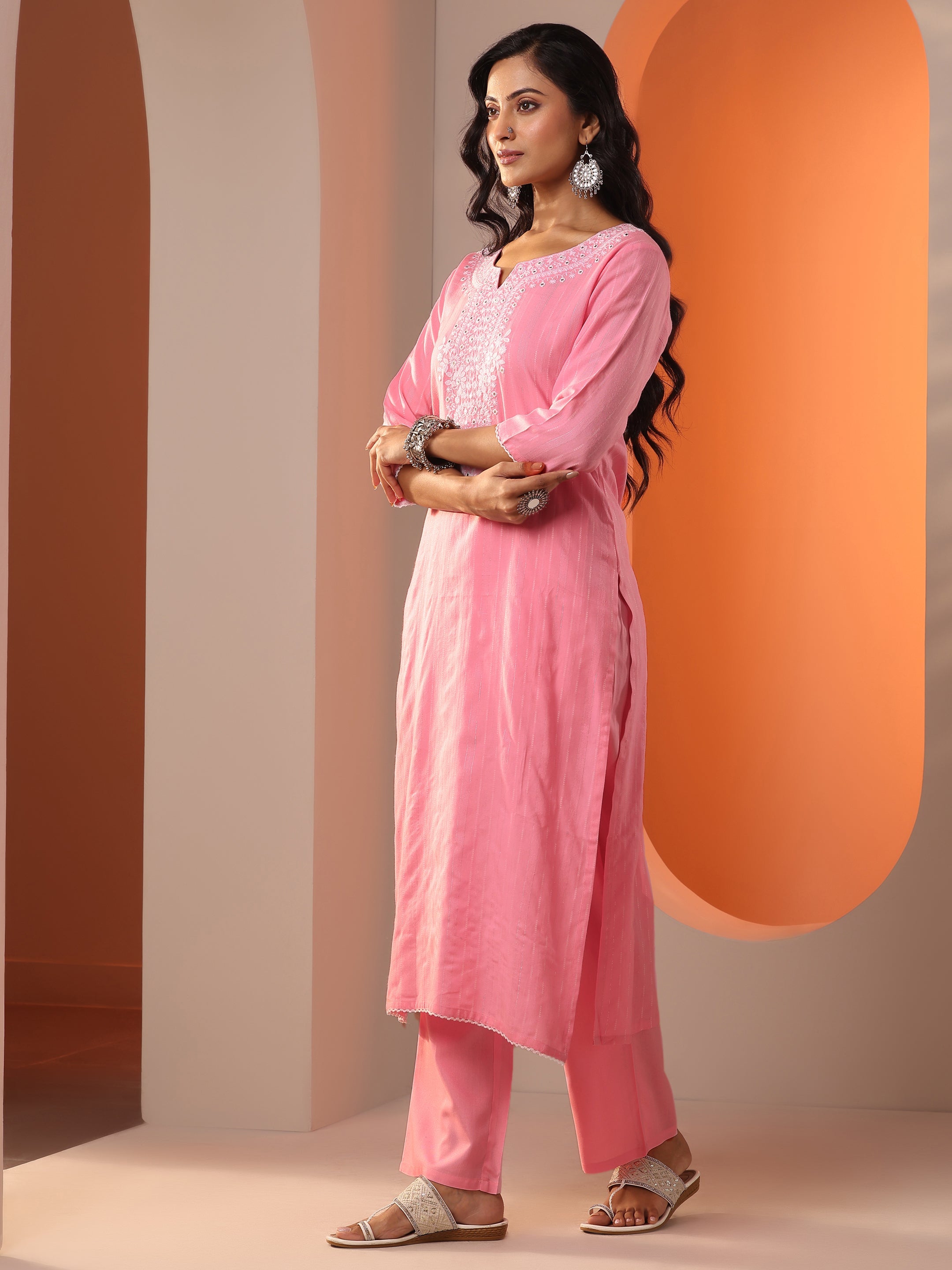 Peach Embroidered Cotton Straight Suit Set With Dupatta