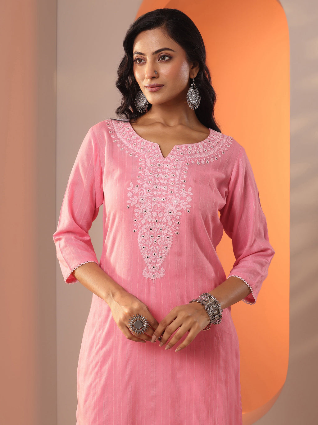 Peach Embroidered Cotton Straight Suit Set With Dupatta