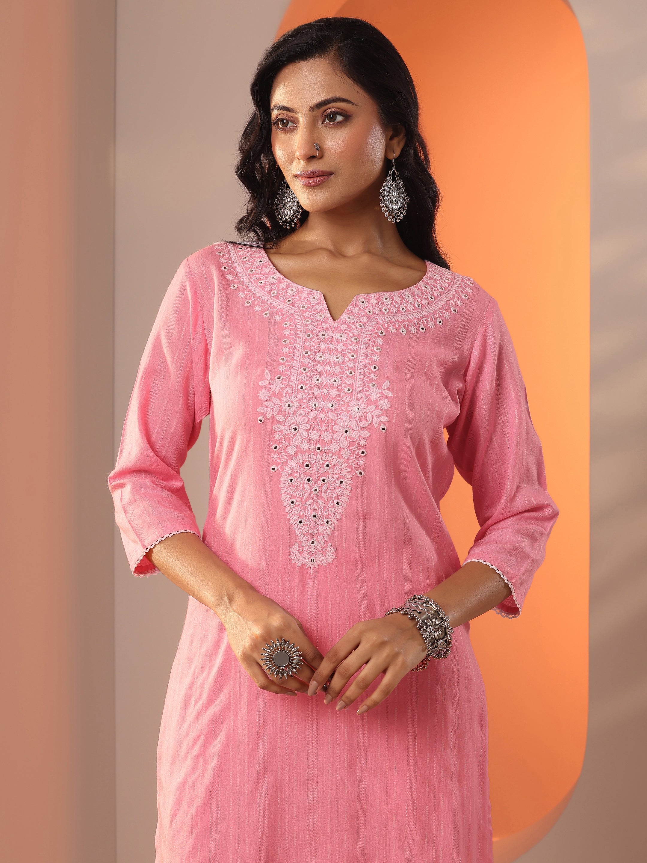 Peach Embroidered Cotton Straight Suit Set With Dupatta