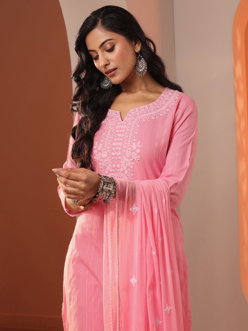 Peach Embroidered Cotton Straight Suit Set With Dupatta