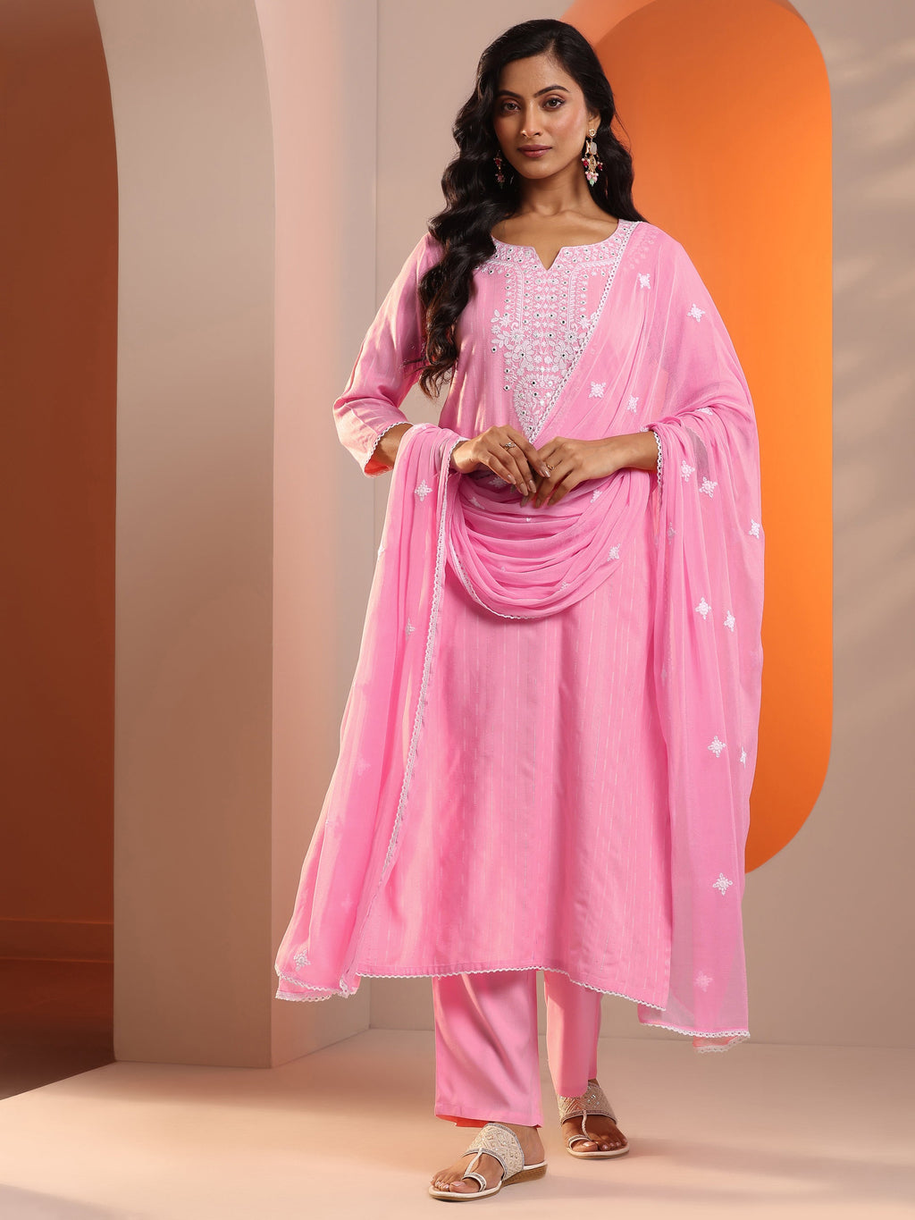 Pink Embroidered Cotton Straight Suit Set With Dupatta