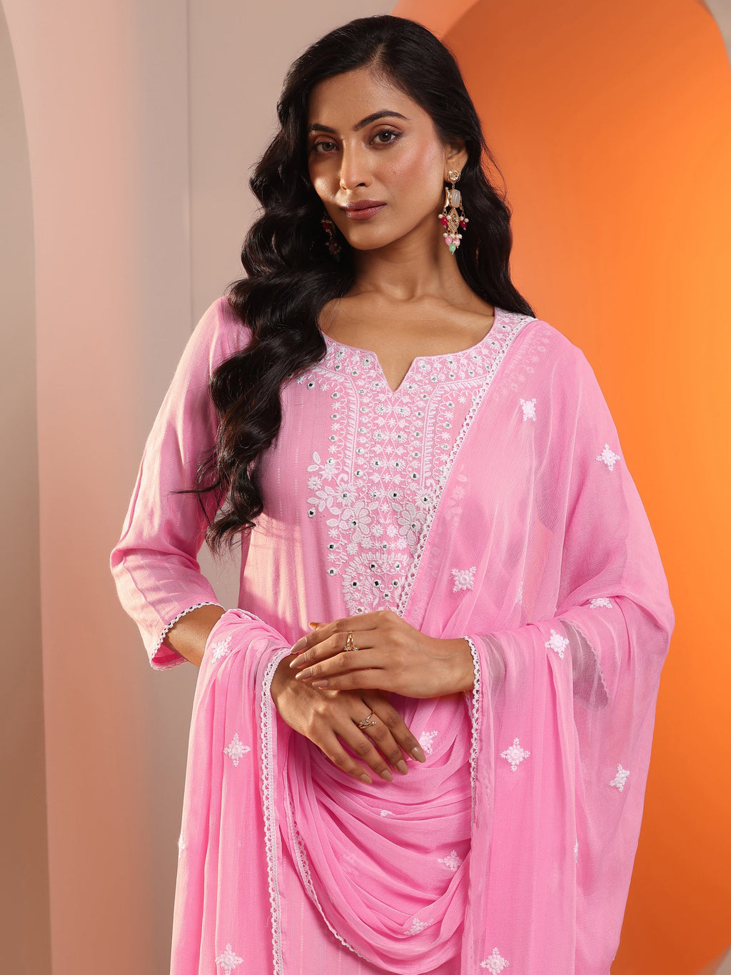 Pink Embroidered Cotton Straight Suit Set With Dupatta
