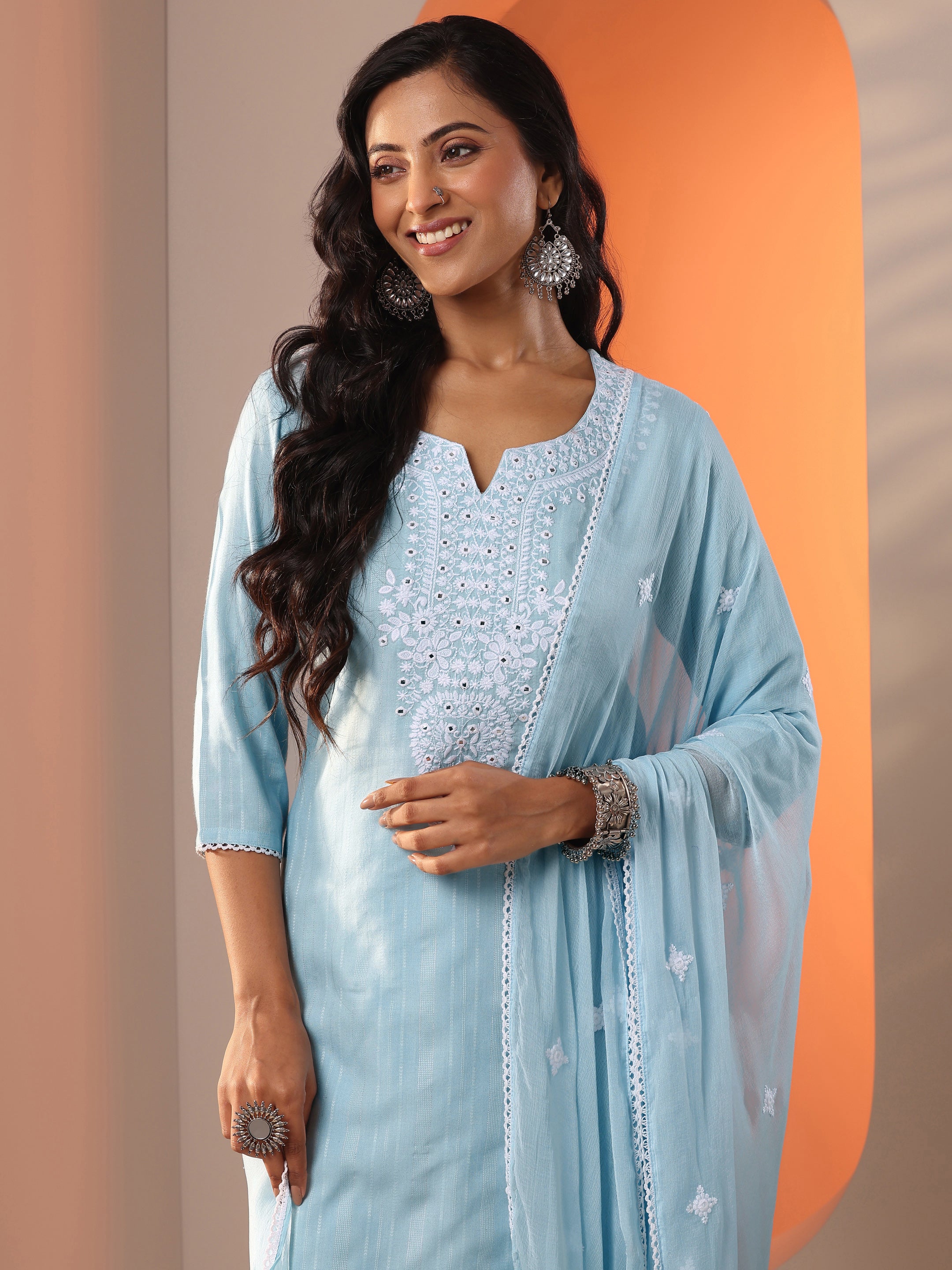 Blue Embroidered Cotton Straight Suit Set With Dupatta