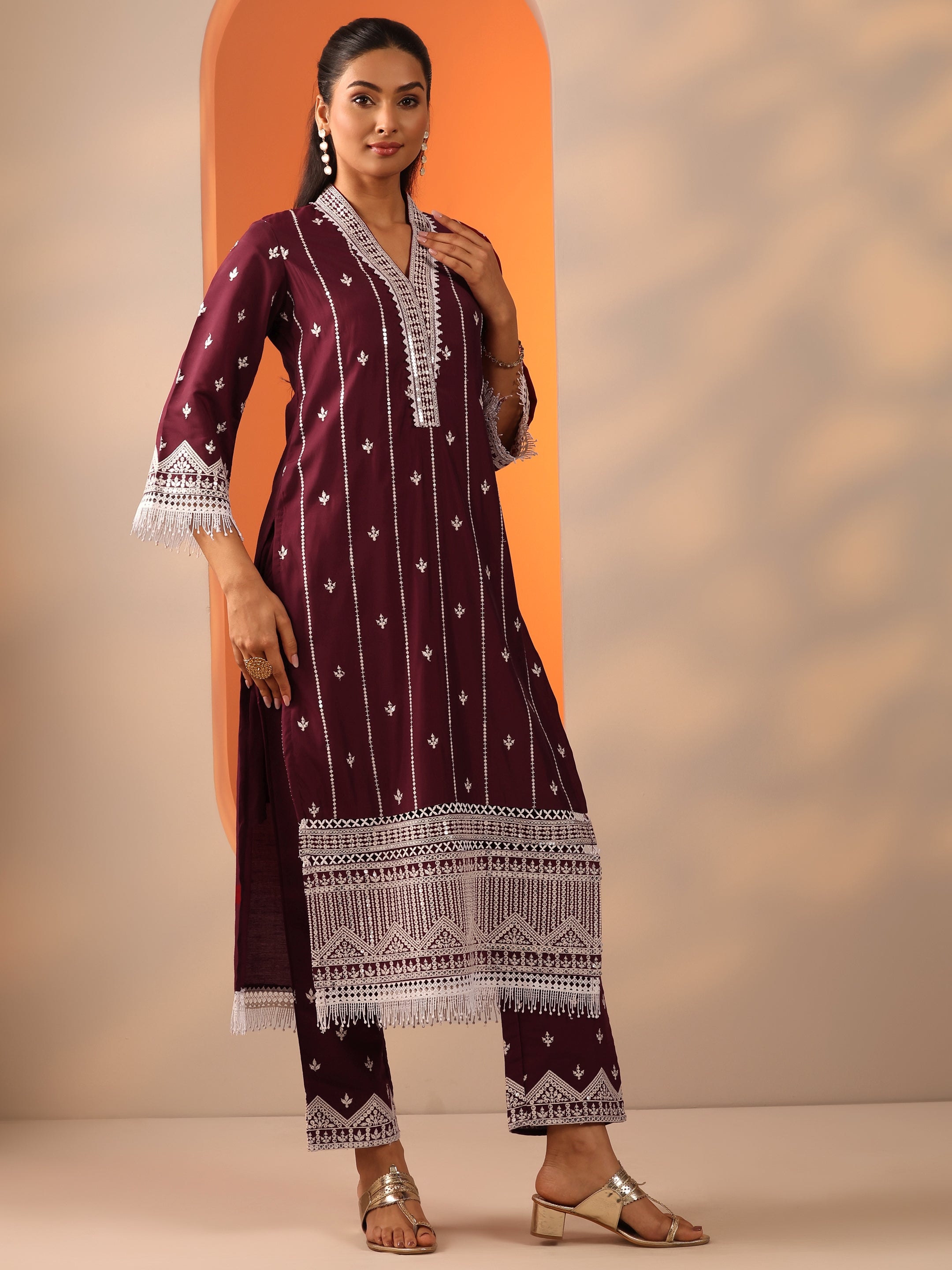Maroon Embroidered Silk Blend Straight Suit Set With Dupatta