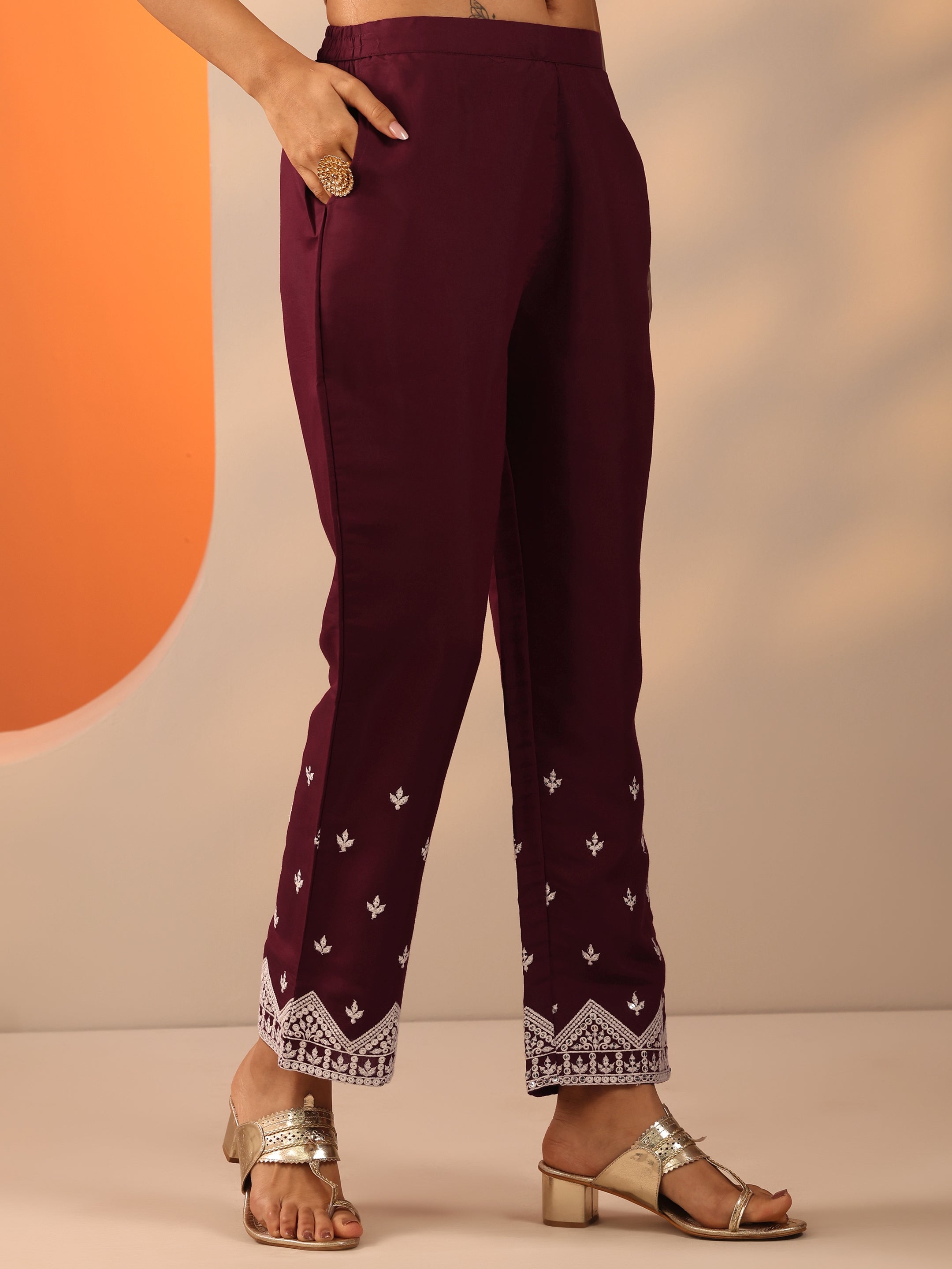 Maroon Embroidered Silk Blend Straight Suit Set With Dupatta