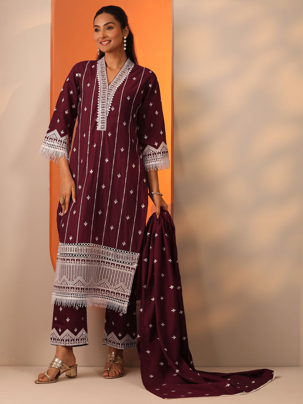 Maroon Embroidered Silk Blend Straight Suit Set With Dupatta
