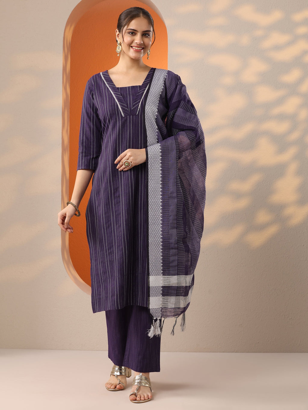 Burgundy Woven Design Cotton Blend Straight Suit Set With Dupatta