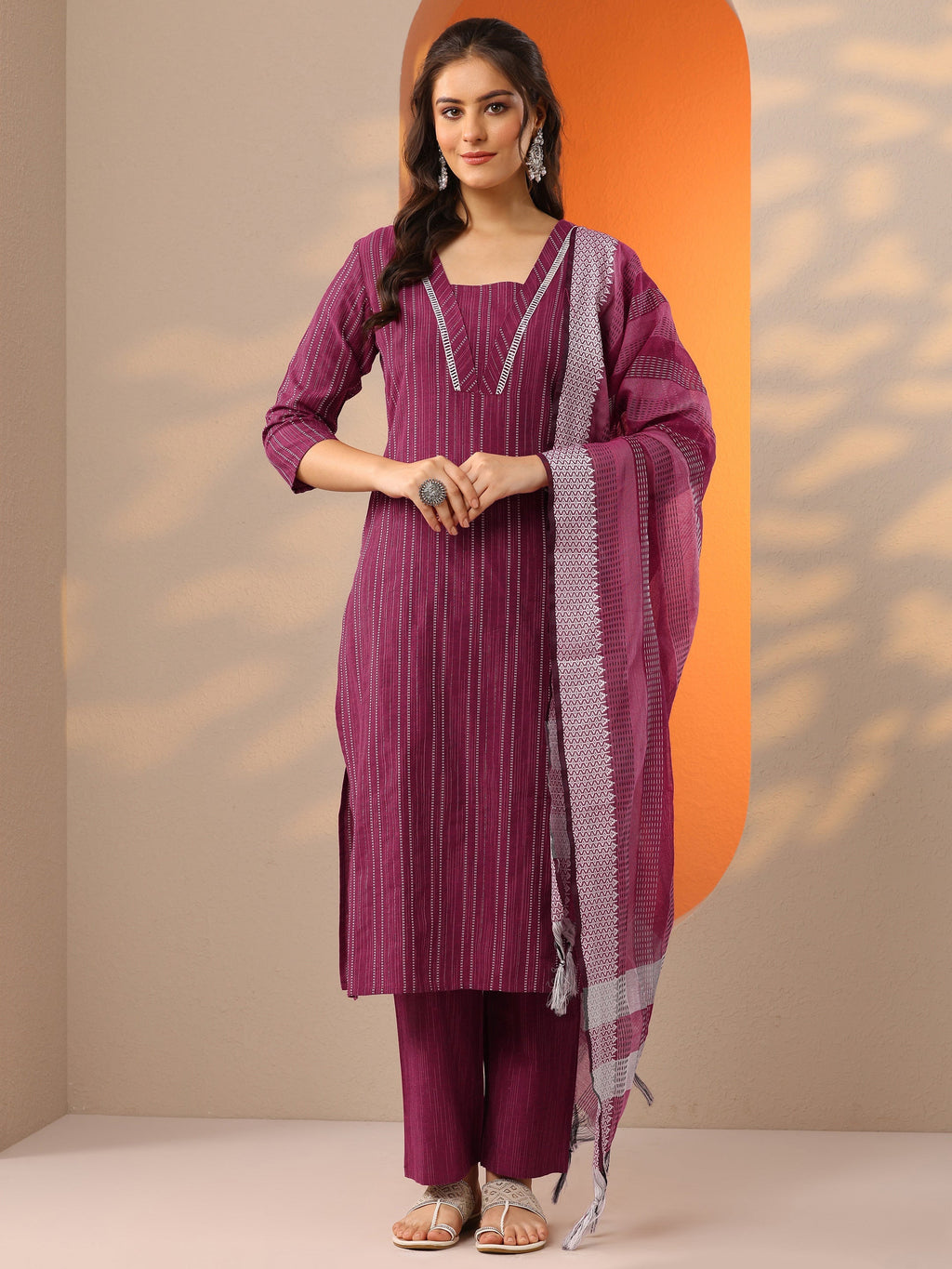 Pink Woven Design Cotton Blend Straight Suit Set With Dupatta