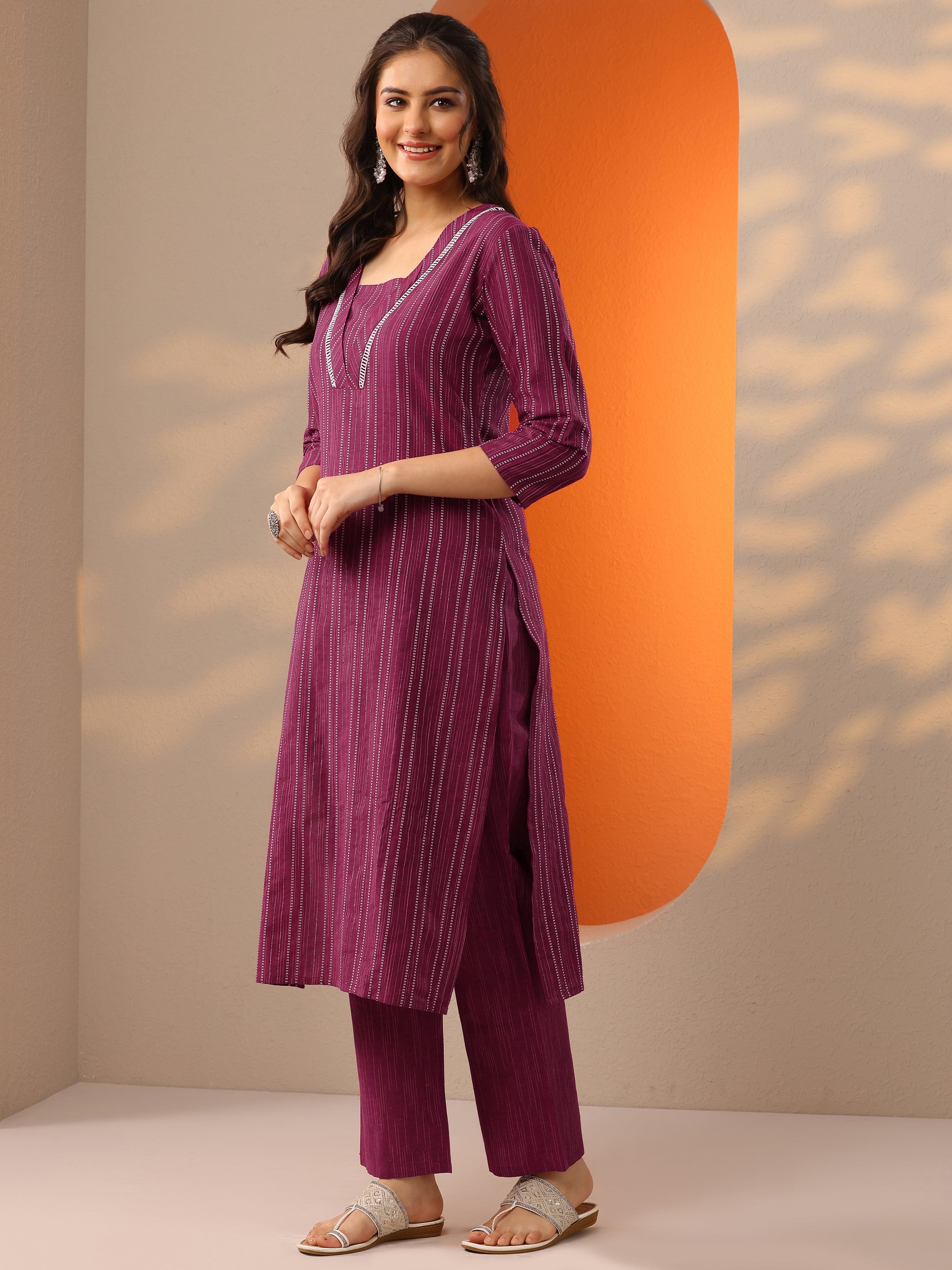 Pink Woven Design Cotton Blend Straight Suit Set With Dupatta