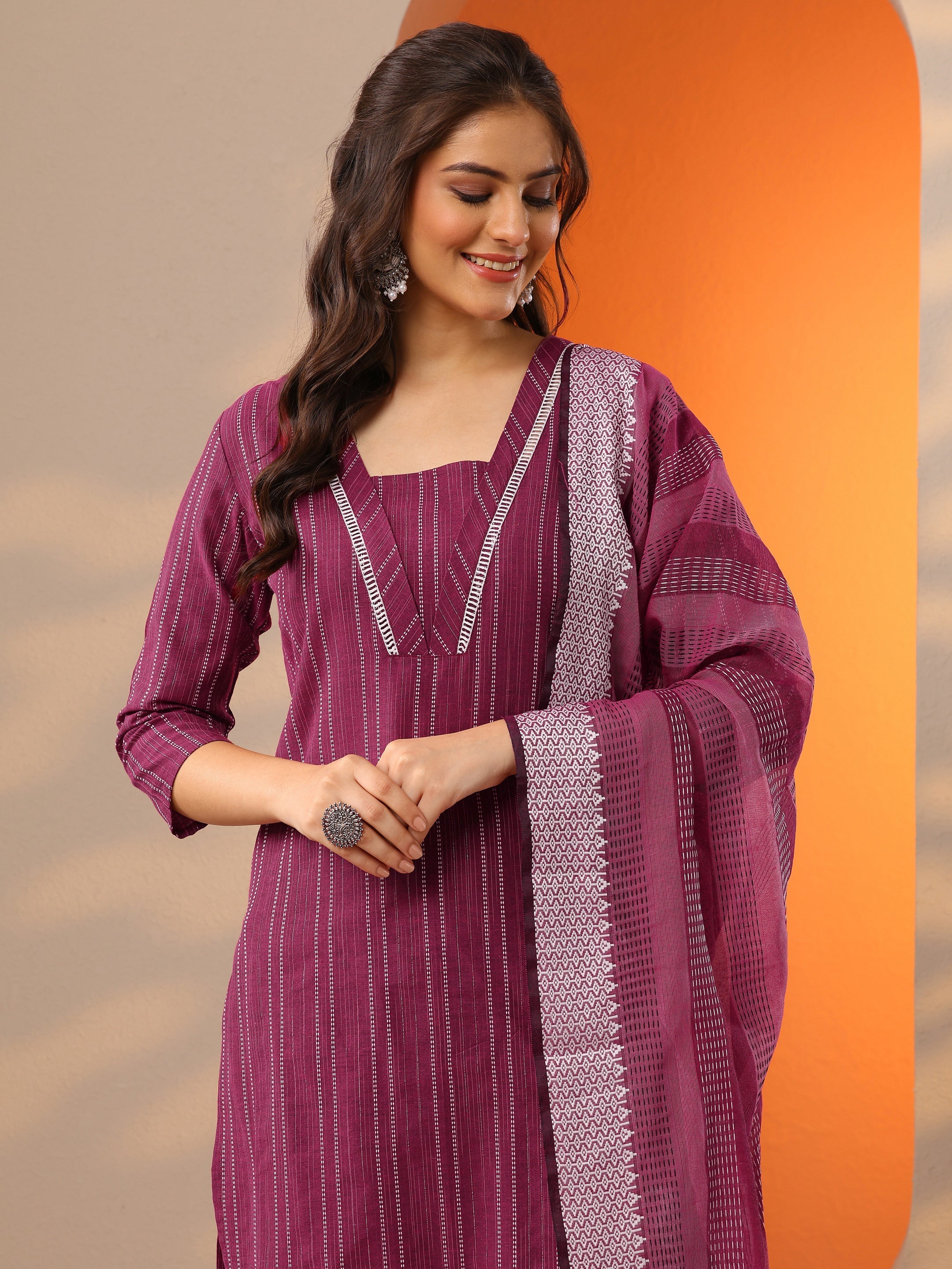 Pink Woven Design Cotton Blend Straight Suit Set With Dupatta