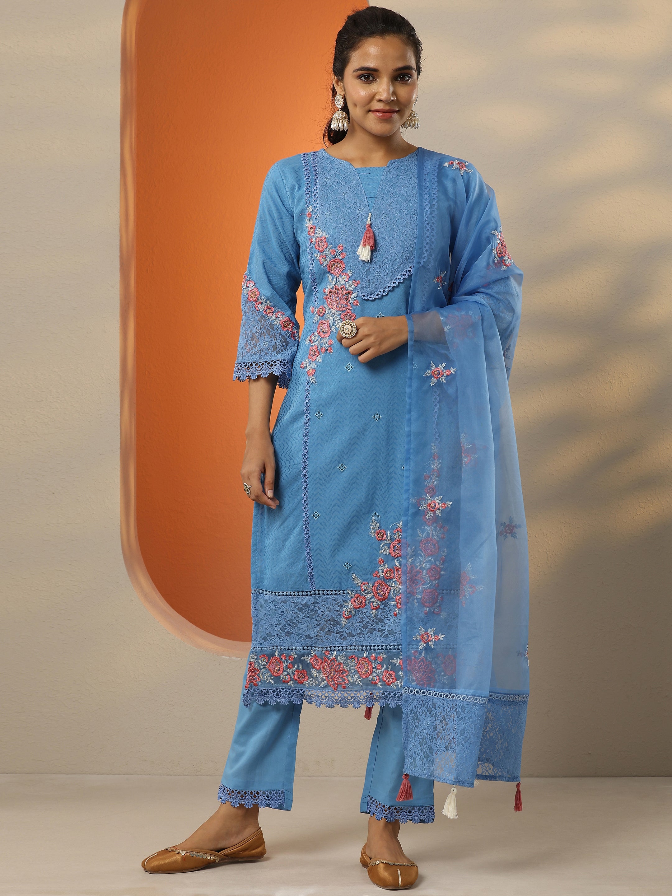 Blue Embroidered Cotton Straight Suit Set With Dupatta