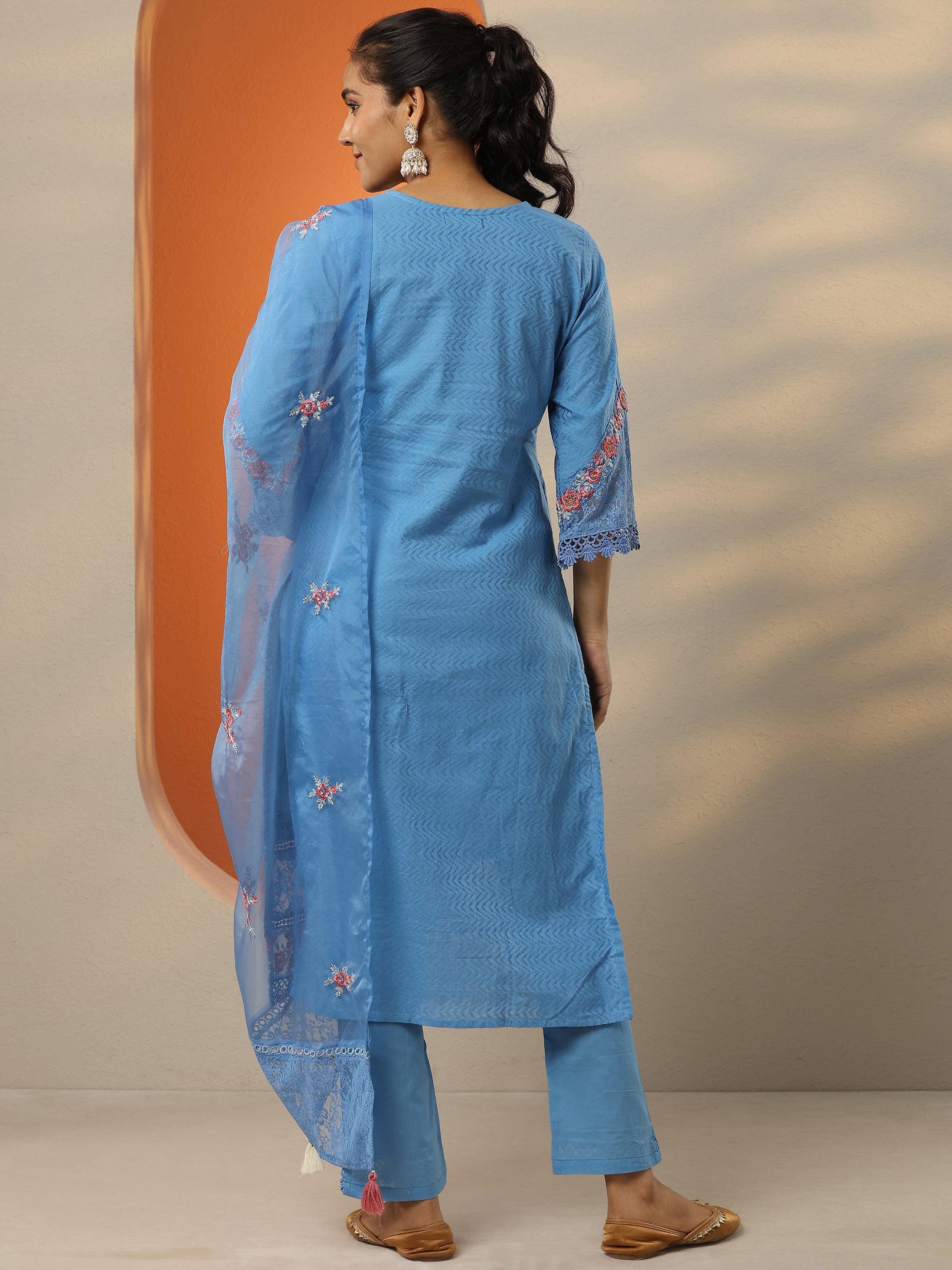 Blue Embroidered Cotton Straight Suit Set With Dupatta