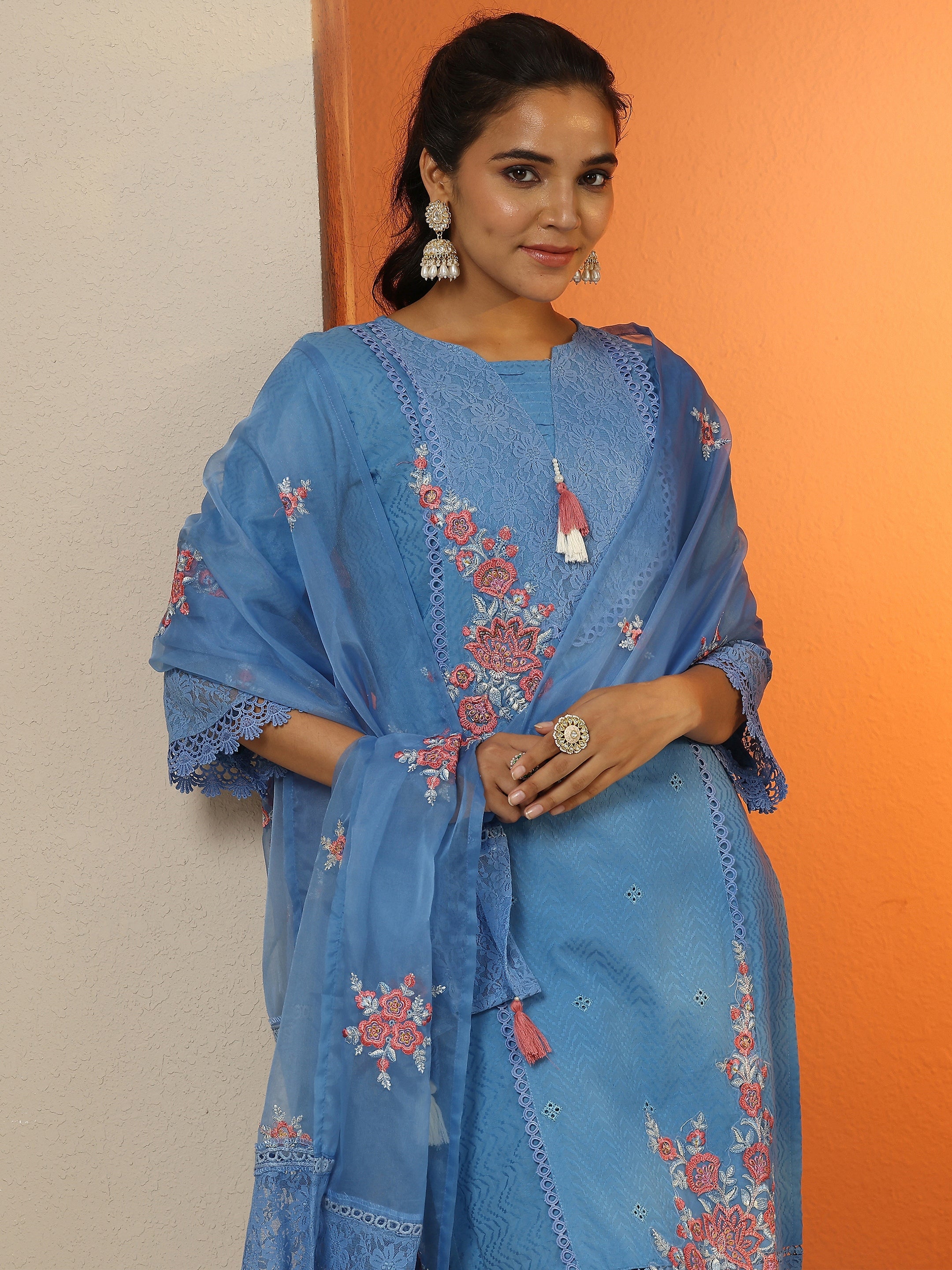 Blue Embroidered Cotton Straight Suit Set With Dupatta