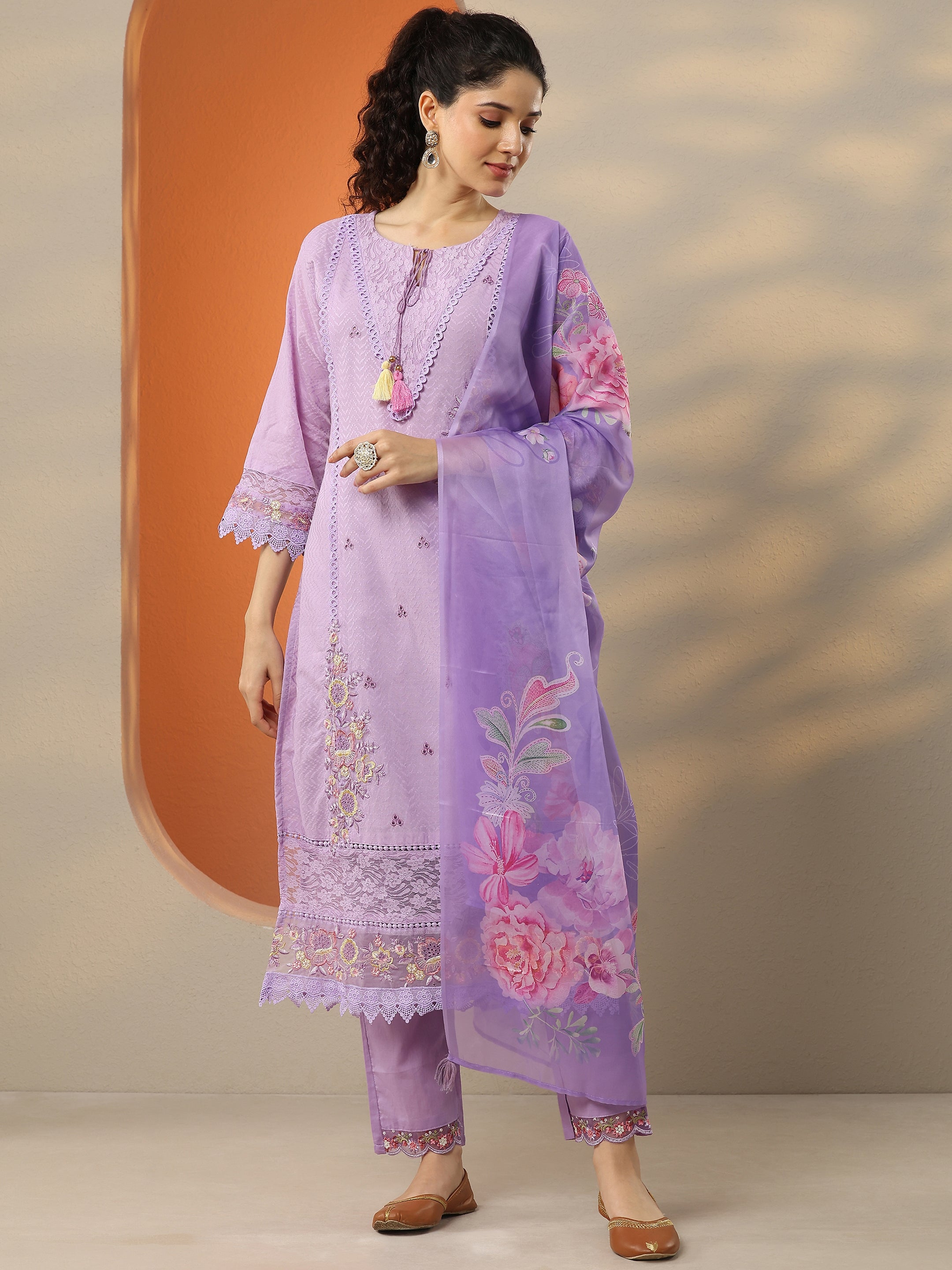 Lavender Embroidered Cotton Straight Suit Set With Dupatta