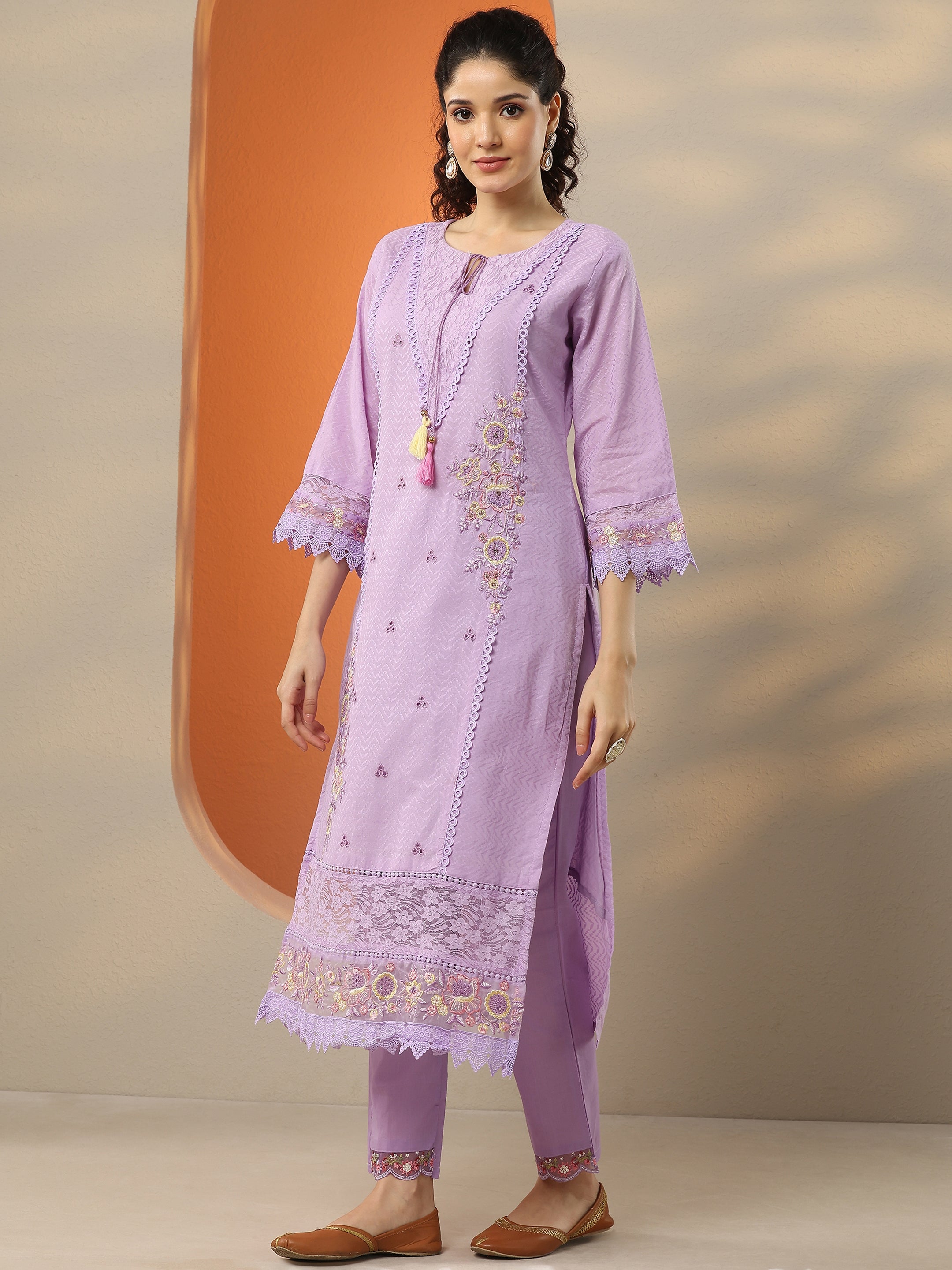 Lavender Embroidered Cotton Straight Suit Set With Dupatta