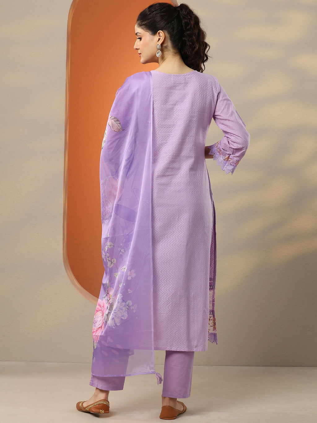 Lavender Embroidered Cotton Straight Suit Set With Dupatta