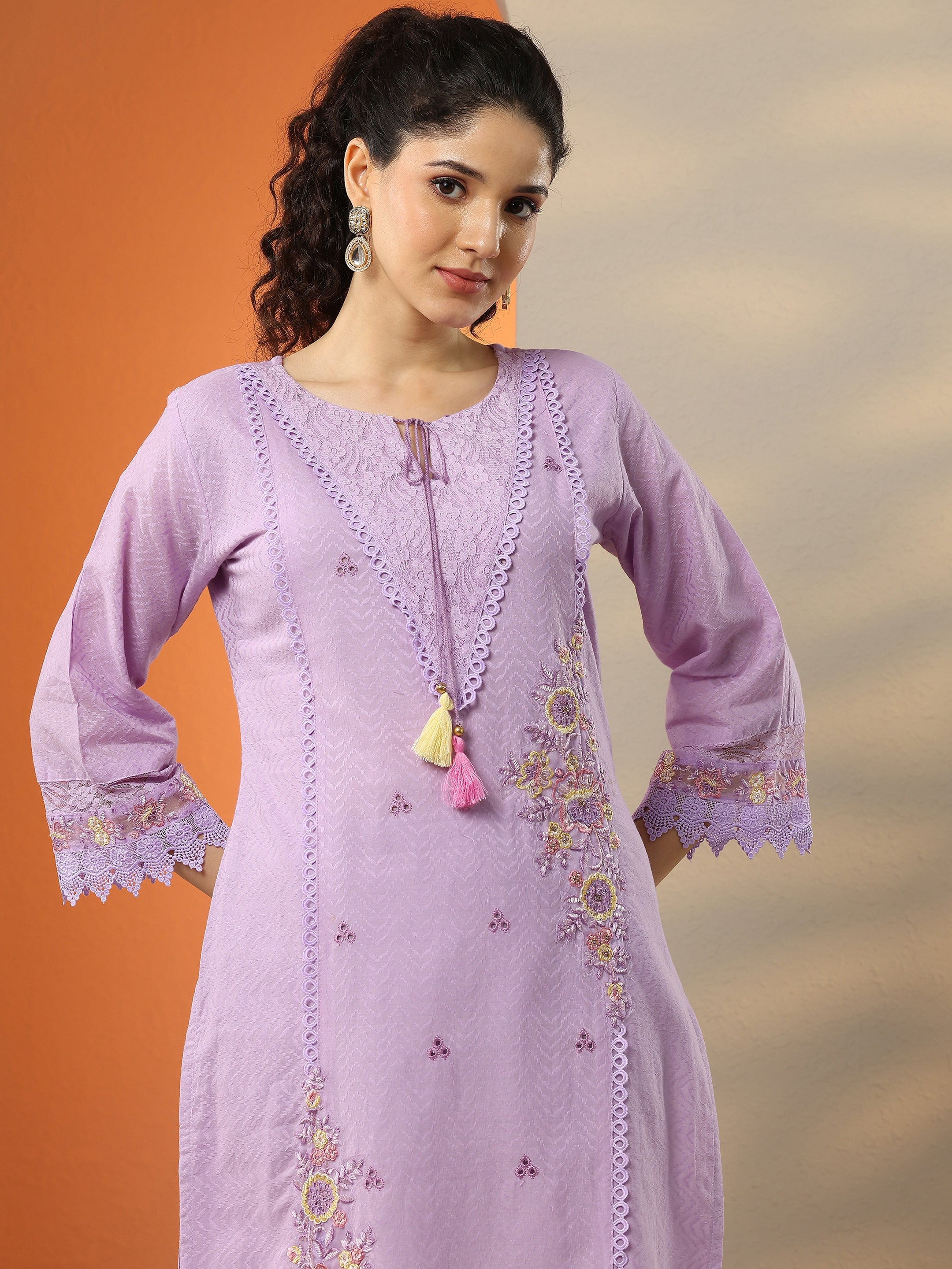 Lavender Embroidered Cotton Straight Suit Set With Dupatta