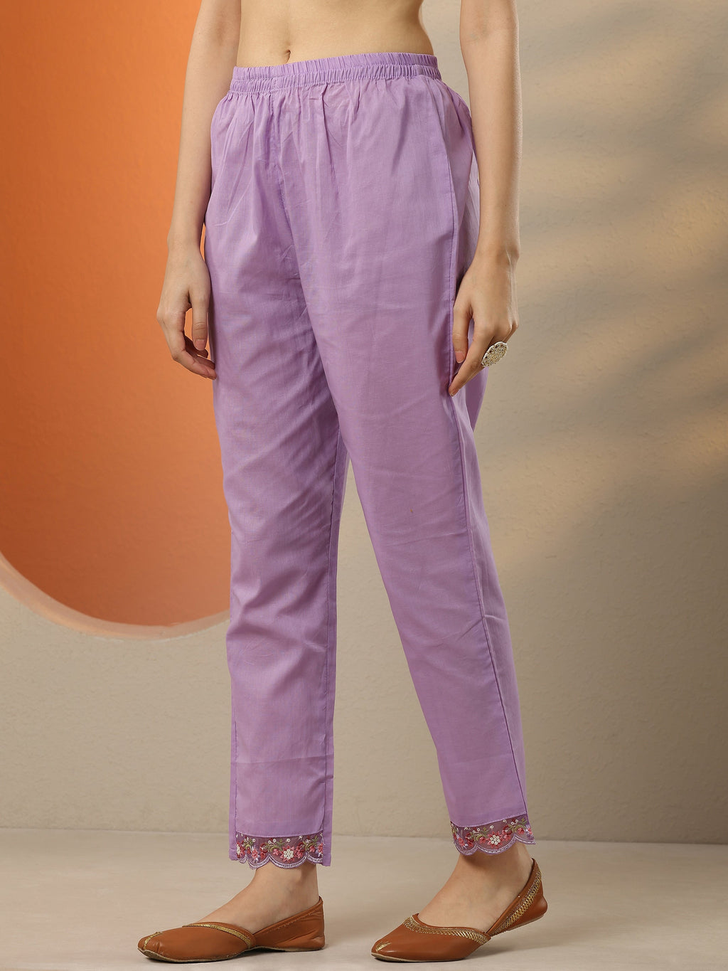 Lavender Embroidered Cotton Straight Suit Set With Dupatta