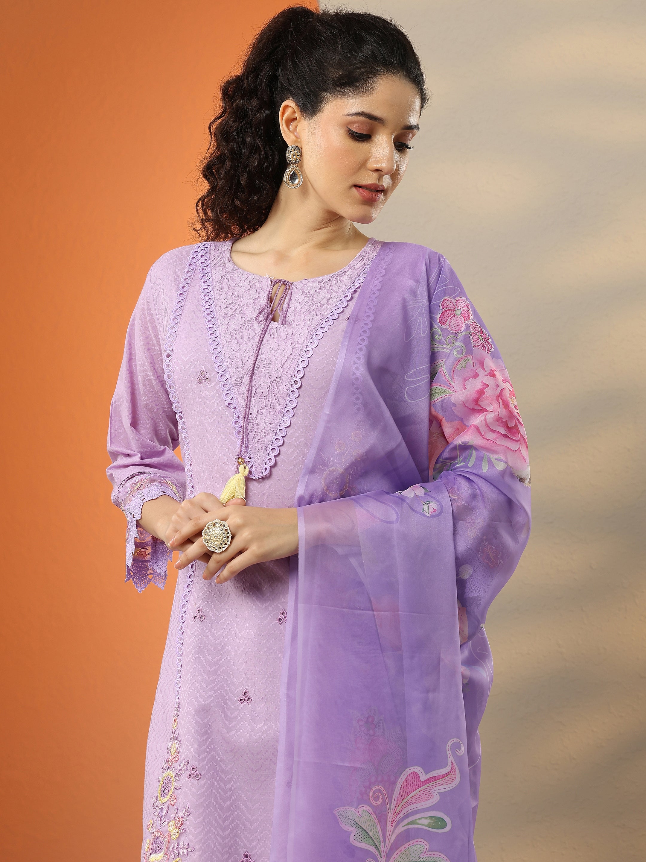 Lavender Embroidered Cotton Straight Suit Set With Dupatta