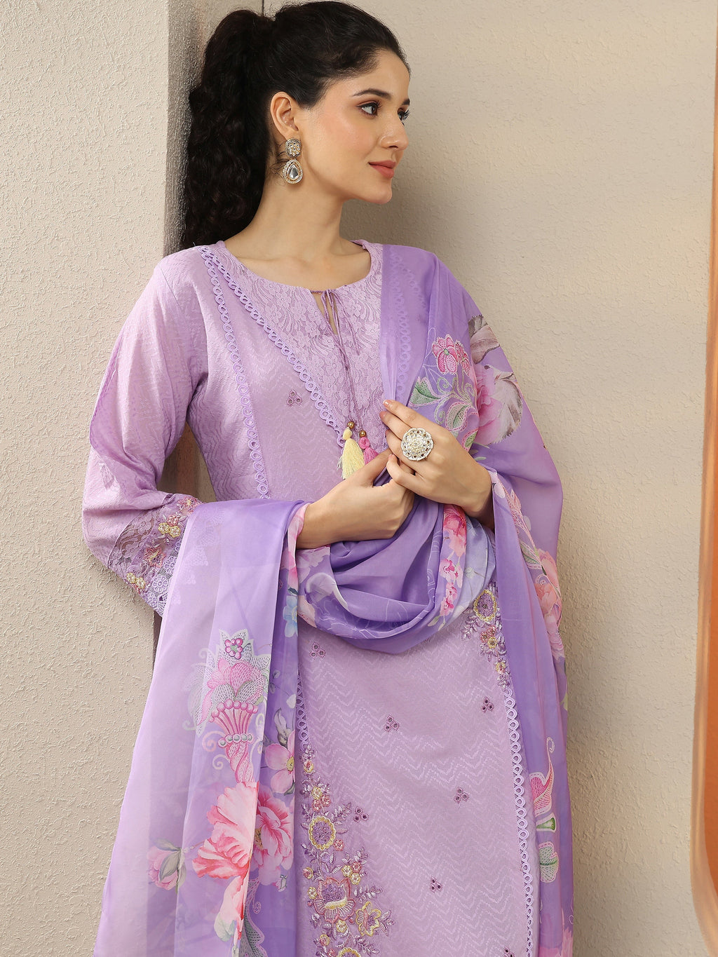 Lavender Embroidered Cotton Straight Suit Set With Dupatta