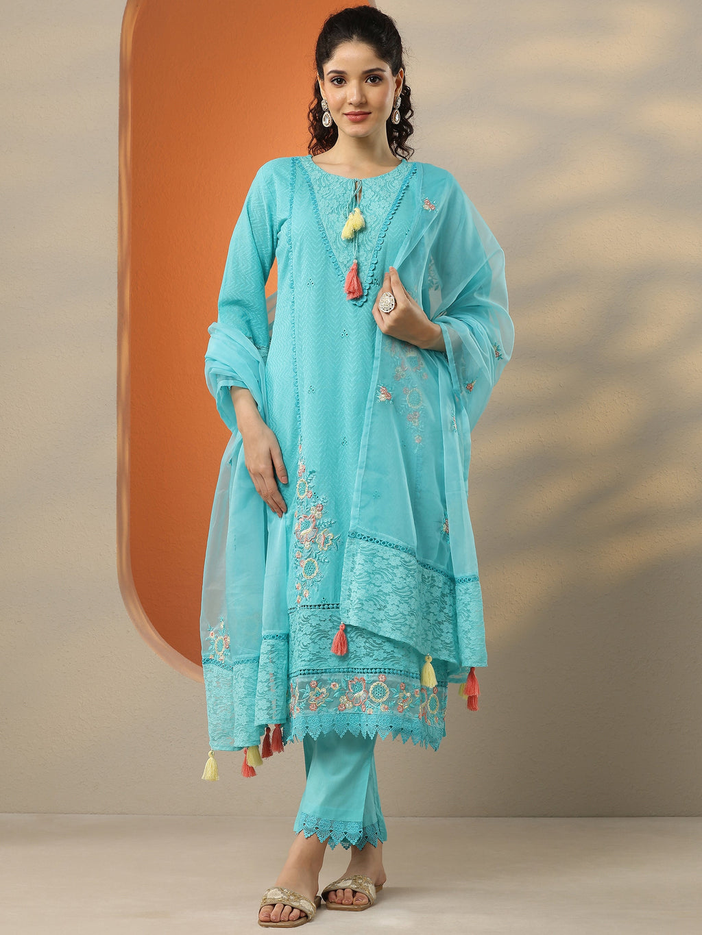 Blue Embroidered Cotton Straight Suit Set With Dupatta