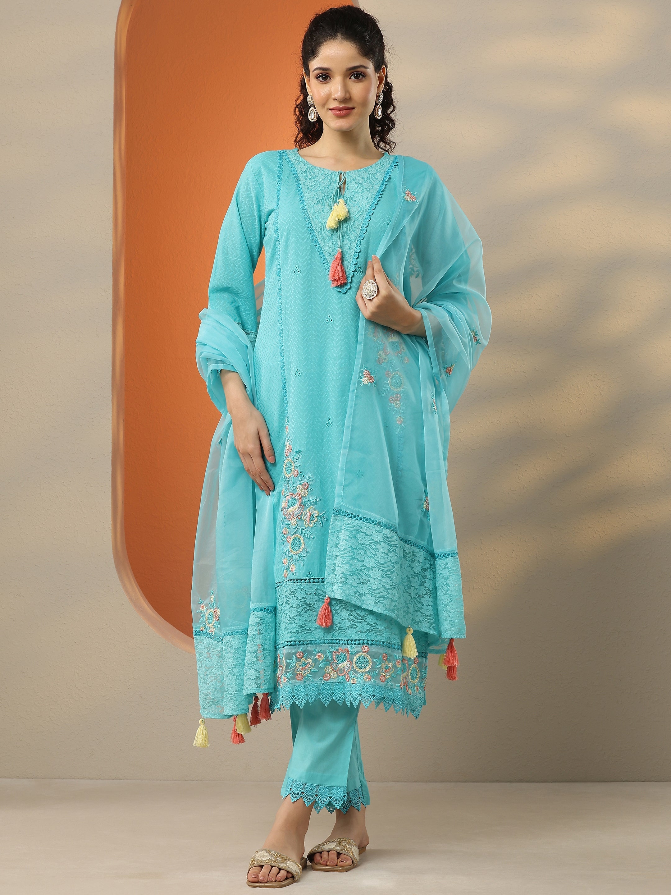 Blue Embroidered Cotton Straight Suit Set With Dupatta