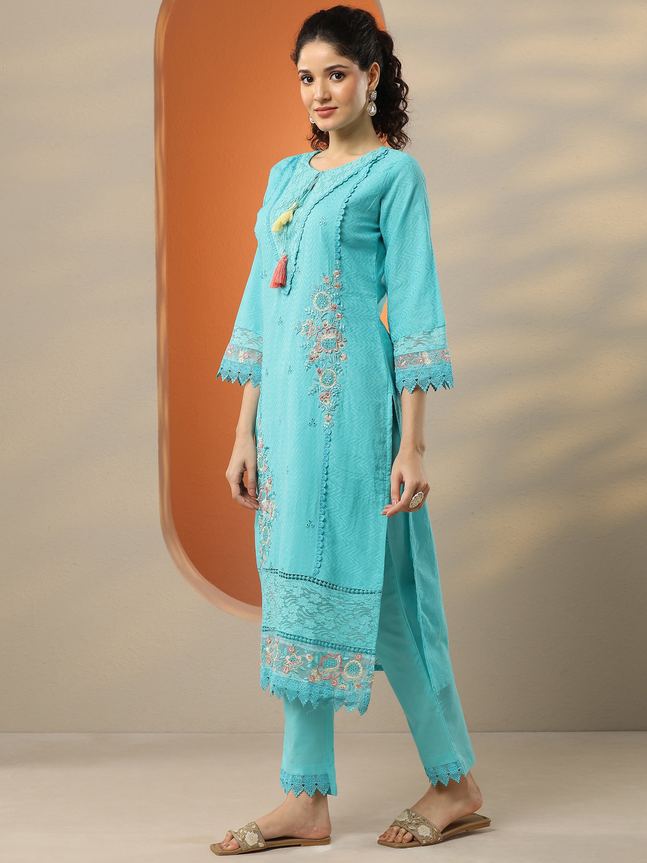 Blue Embroidered Cotton Straight Suit Set With Dupatta