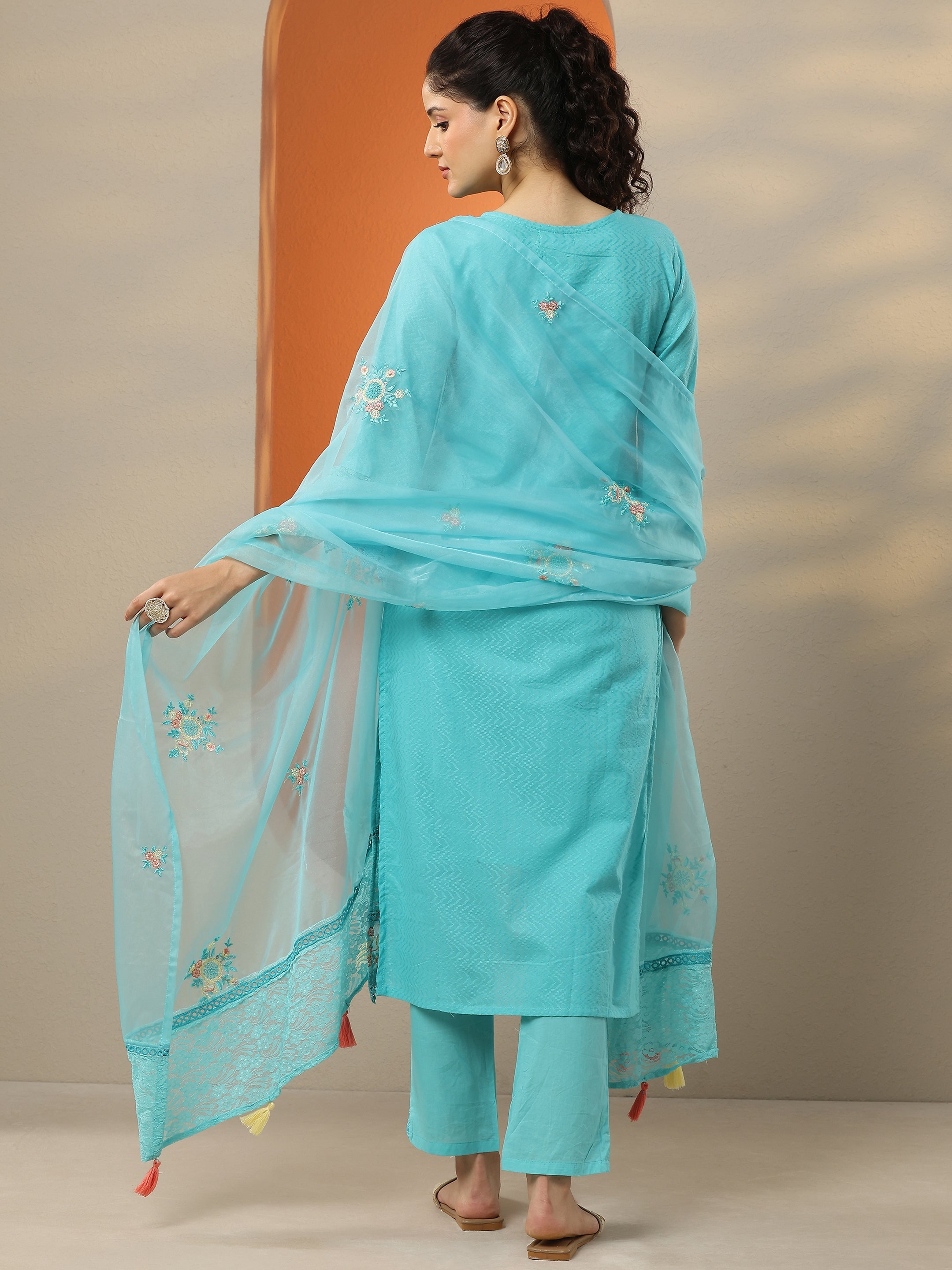 Blue Embroidered Cotton Straight Suit Set With Dupatta