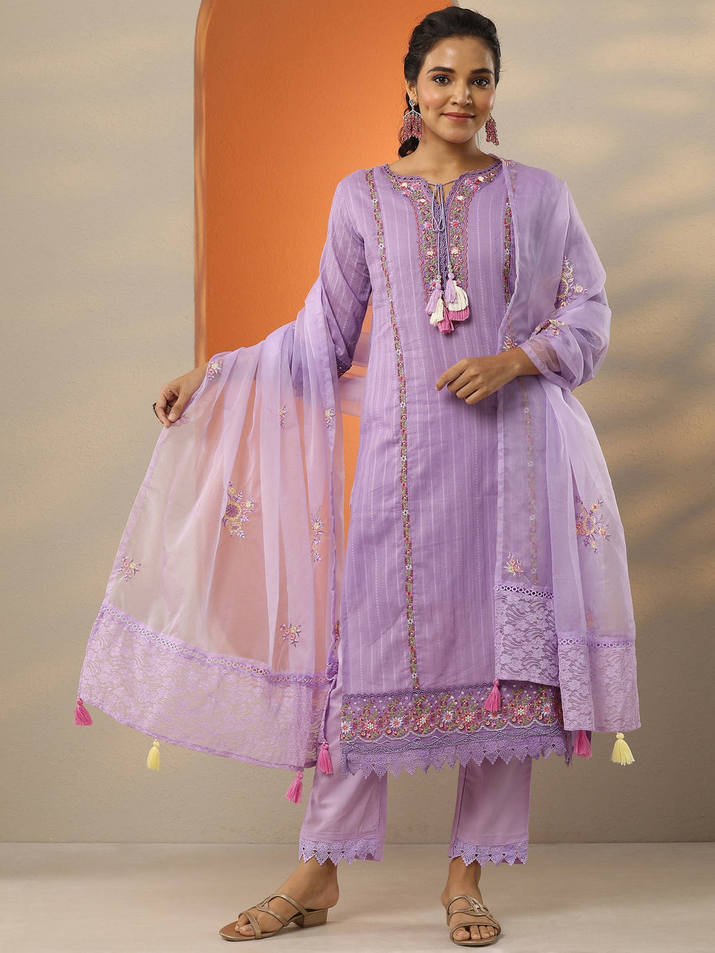 Lavender Embroidered Cotton Straight Suit Set With Dupatta