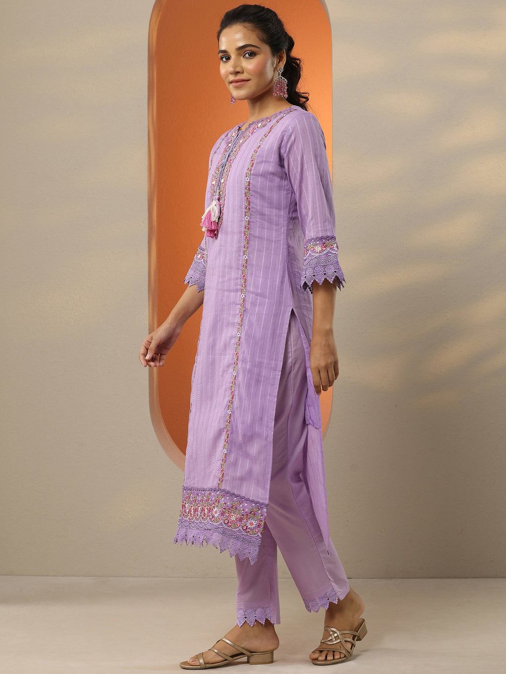 Lavender Embroidered Cotton Straight Suit Set With Dupatta