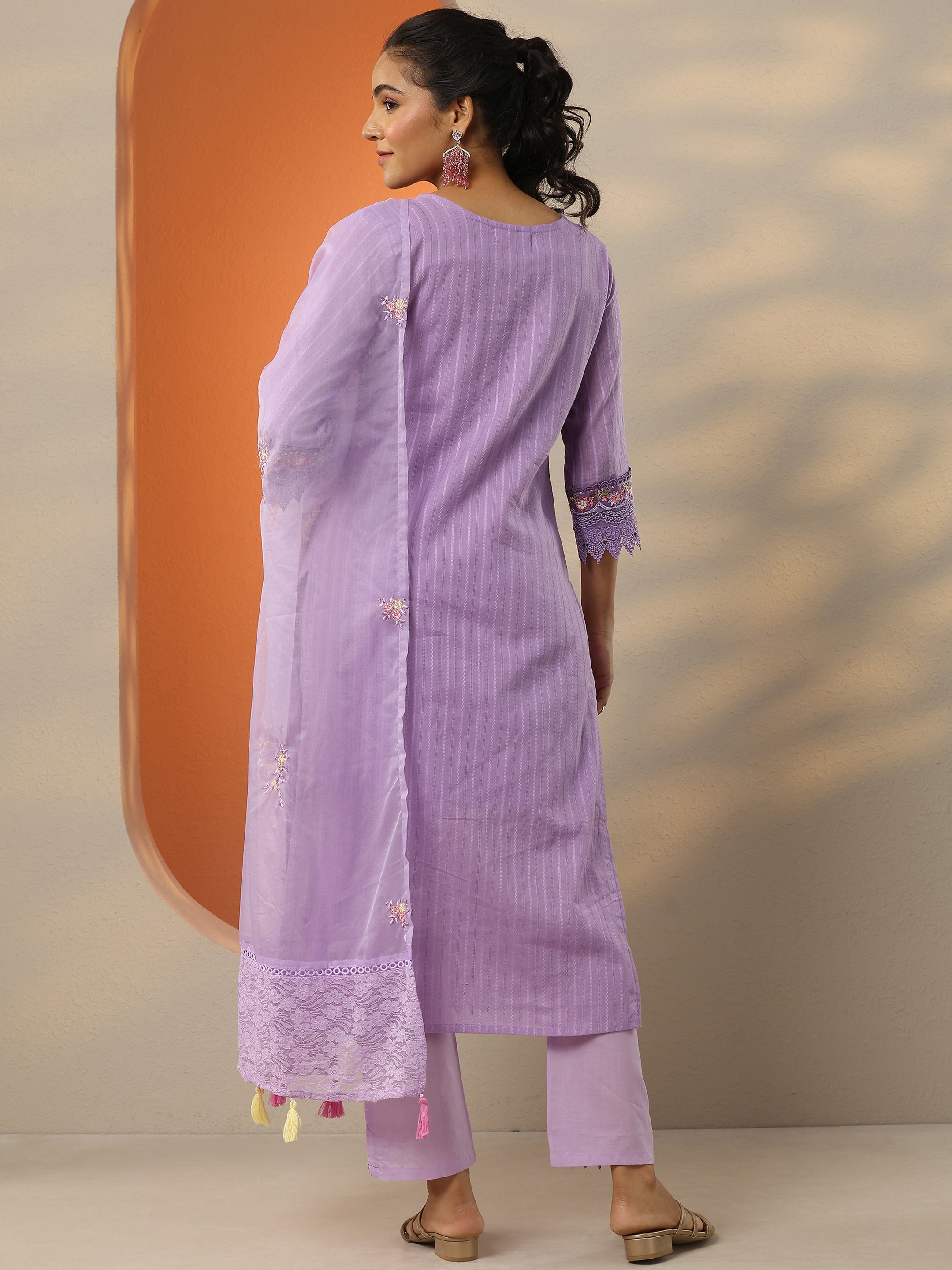 Lavender Embroidered Cotton Straight Suit Set With Dupatta