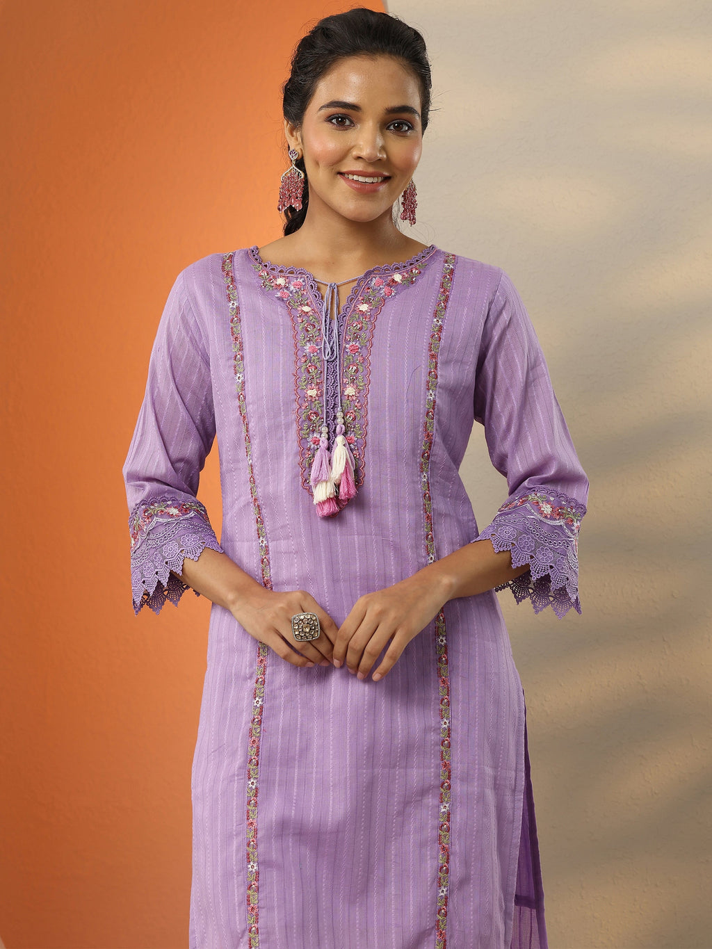 Lavender Embroidered Cotton Straight Suit Set With Dupatta