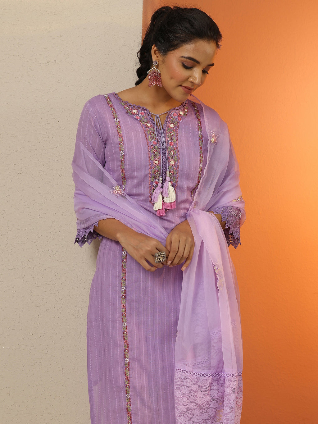Lavender Embroidered Cotton Straight Suit Set With Dupatta