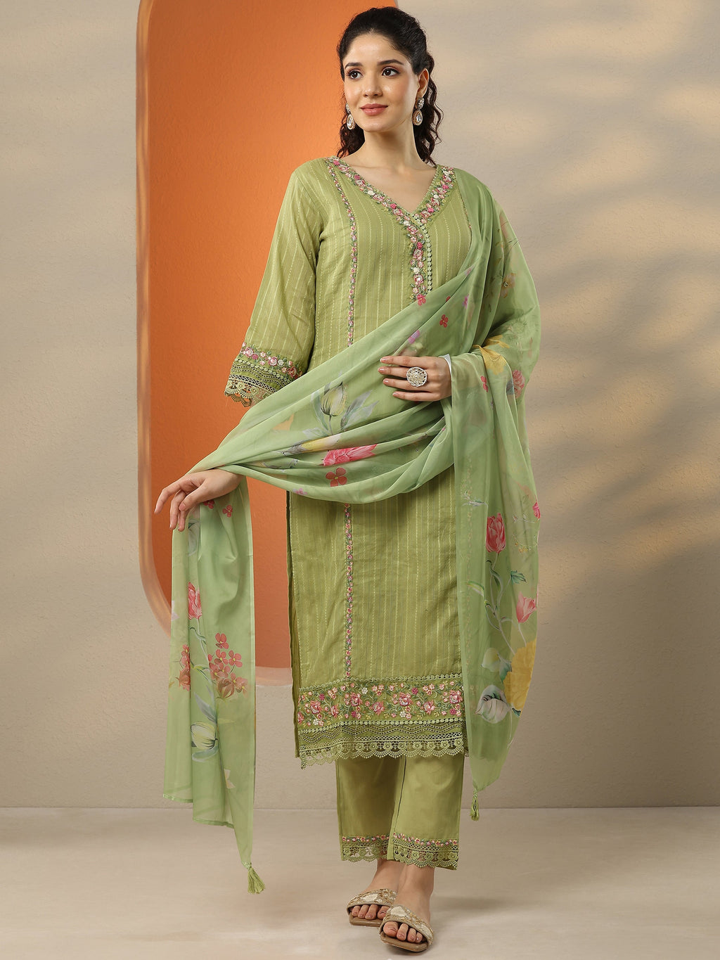 Green Embroidered Cotton Straight Suit Set With Dupatta