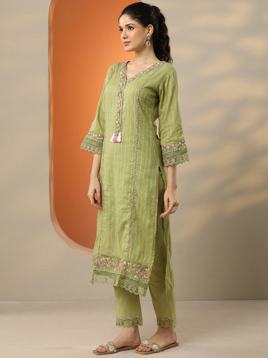 Green Embroidered Cotton Straight Suit Set With Dupatta