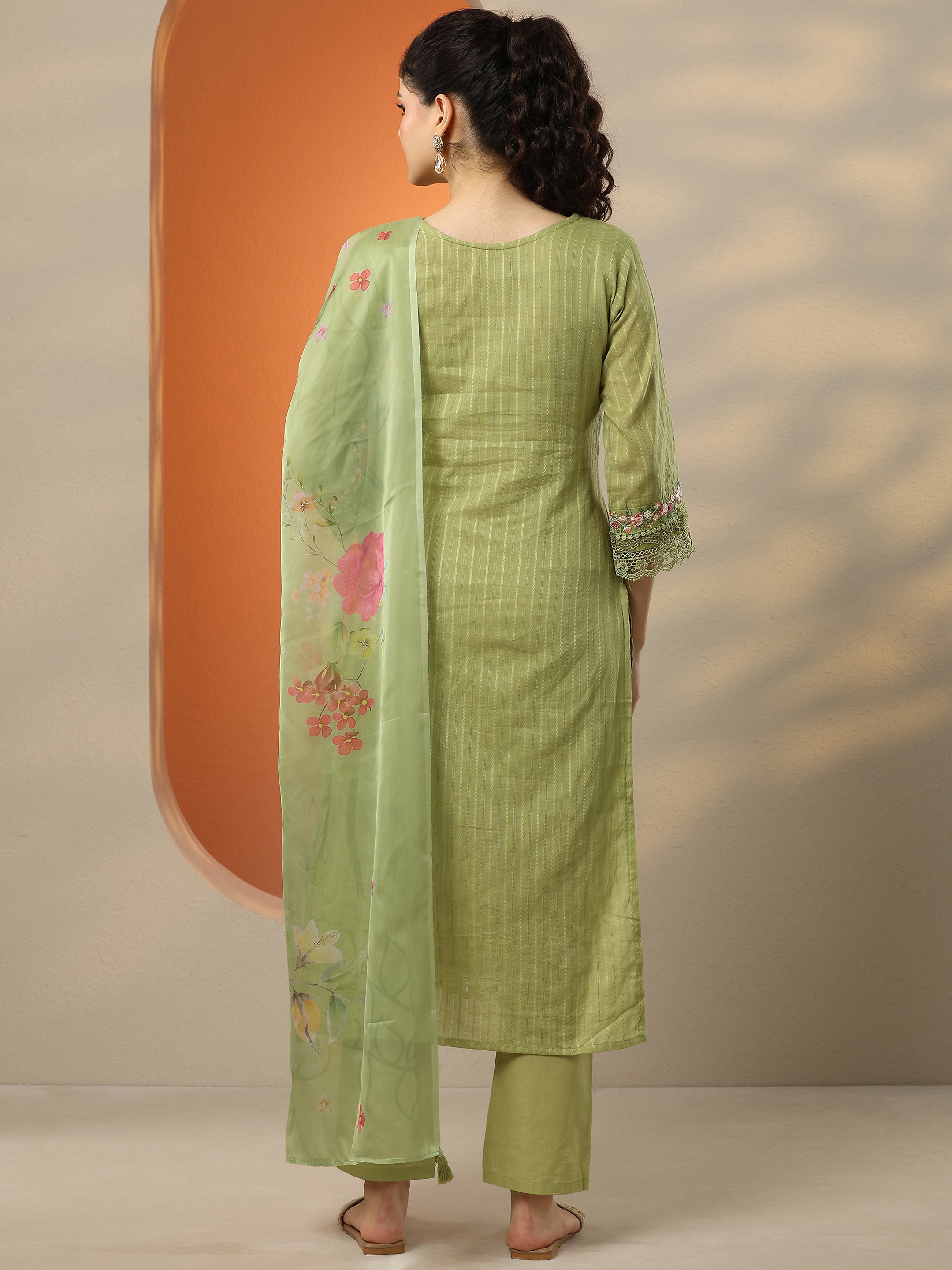 Green Embroidered Cotton Straight Suit Set With Dupatta