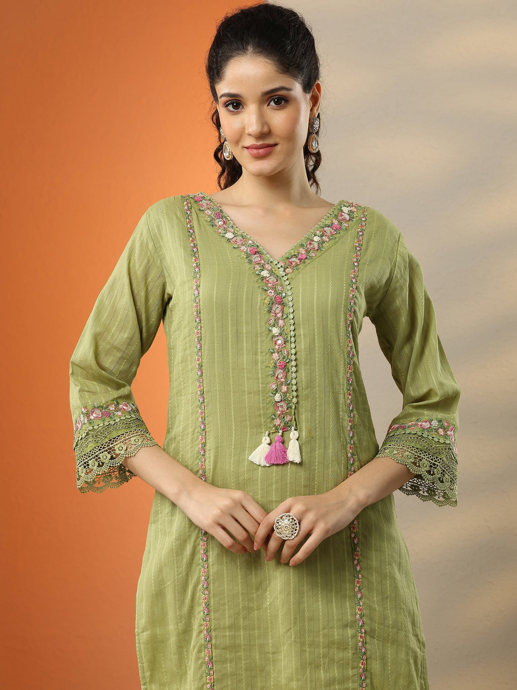 Green Embroidered Cotton Straight Suit Set With Dupatta