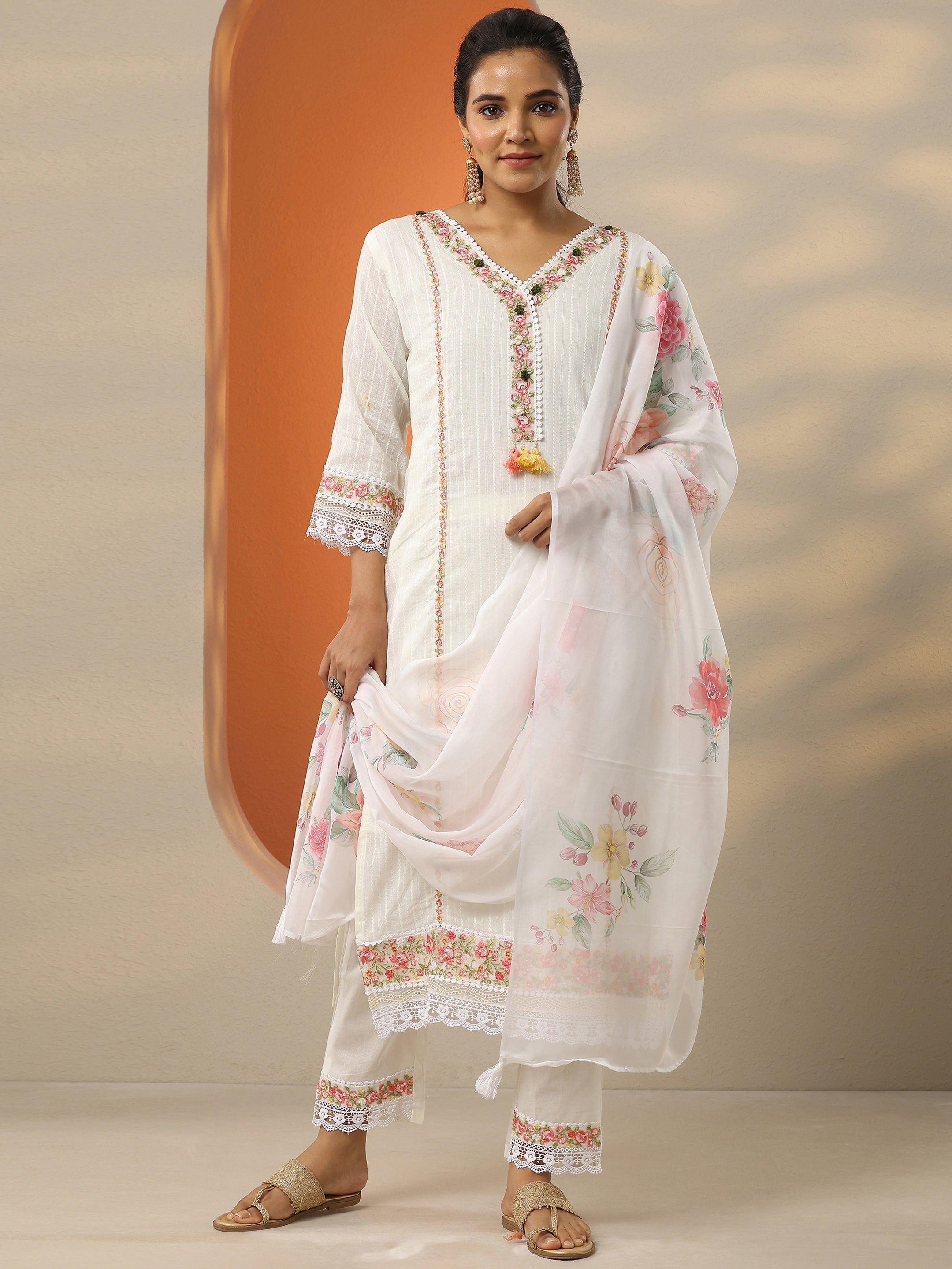 Off White Embroidered Cotton Straight Suit Set With Dupatta