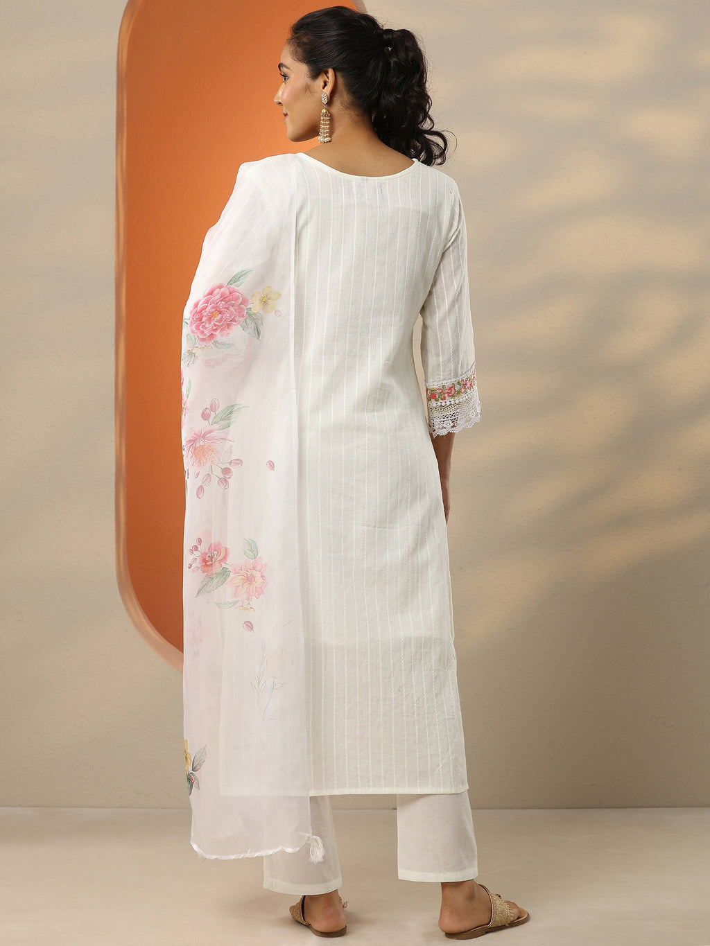 Off White Embroidered Cotton Straight Suit Set With Dupatta