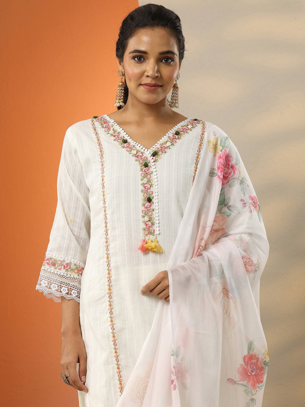 Off White Embroidered Cotton Straight Suit Set With Dupatta