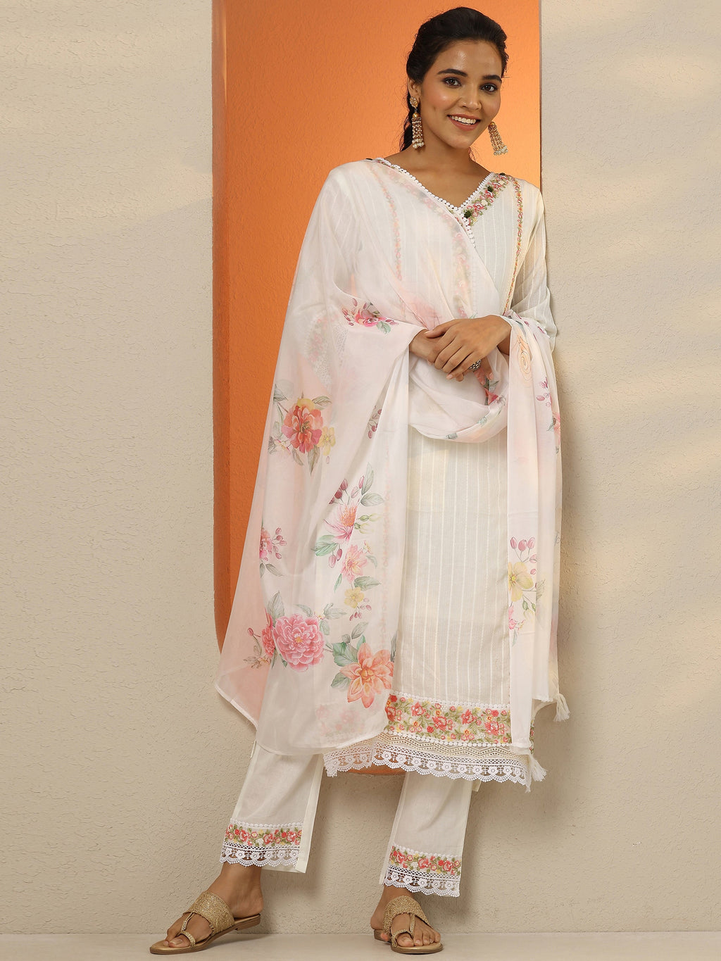 Off White Embroidered Cotton Straight Suit Set With Dupatta
